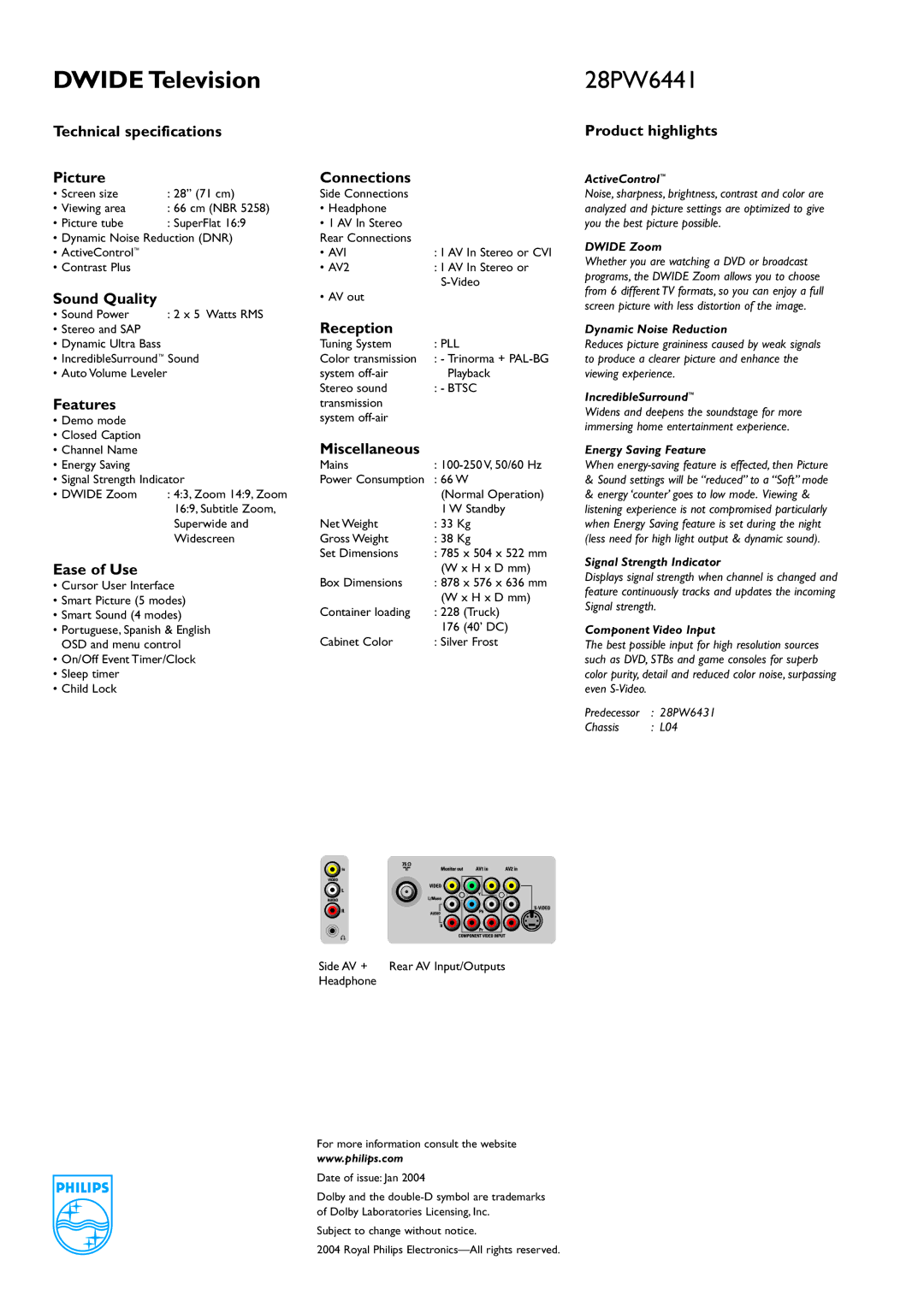 Philips 28PW6441 Technical specifications Picture Connections, Product highlights, Sound Quality, Features, Ease of Use 