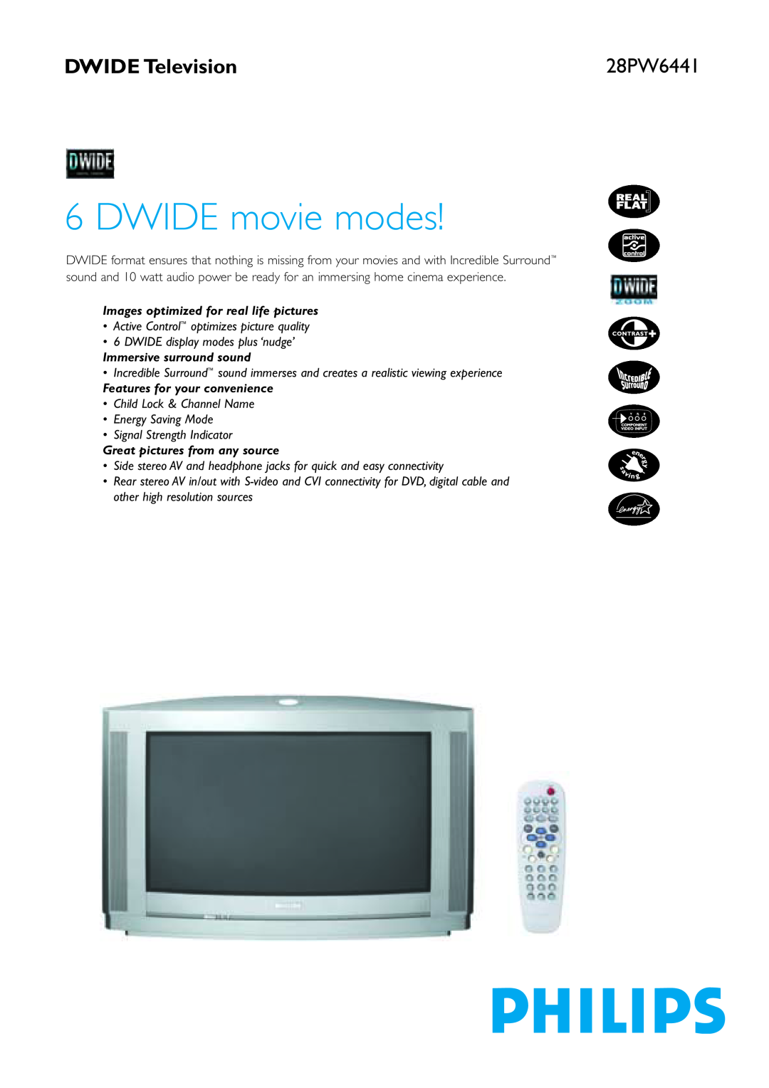 Philips 28PW6441 manual DWIDE Television, DWIDE movie modes, Images optimized for real life pictures 
