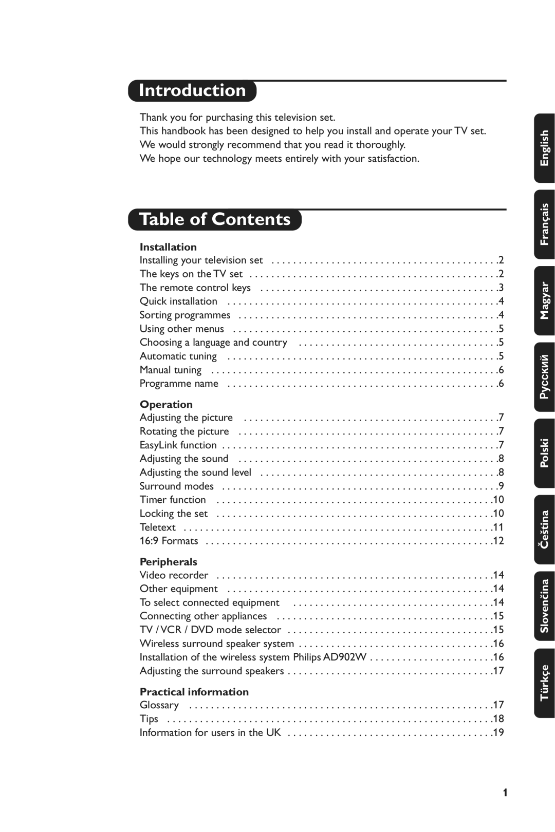 Philips 28PW6516/01 manual Introduction, Table of Contents 