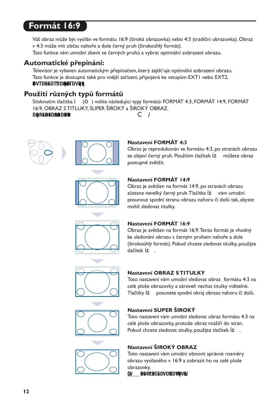 Philips 28PW6516/01 manual Formát, Automatické přepínání, Použití různých typů formátů 