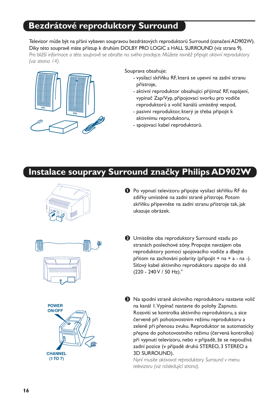 Philips 28PW6516/01 manual Bezdrátové reproduktory Surround, Instalace soupravy Surround značky Philips AD902W 