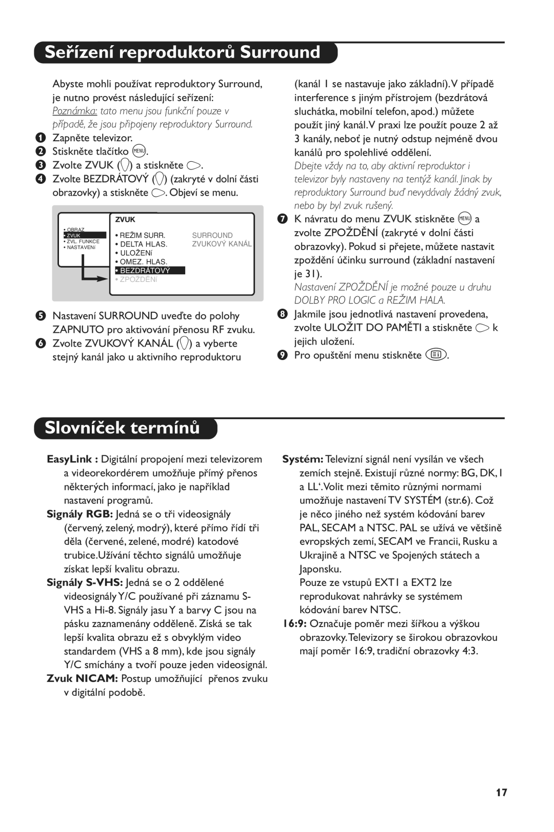 Philips 28PW6516/01 manual Seřízení reproduktorů Surround, Slovníček termínů, Jejich uložení Pro opuštění menu stiskněte R 