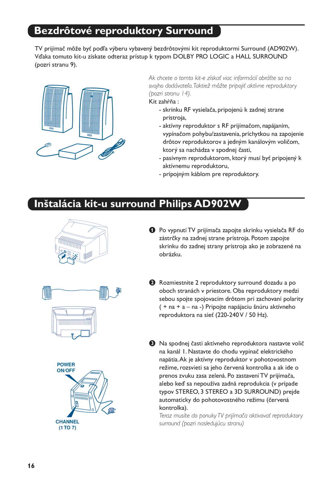 Philips 28PW6516/01 manual Bezdrôtové reproduktory Surround, Inštalácia kit-u surround Philips AD902W 