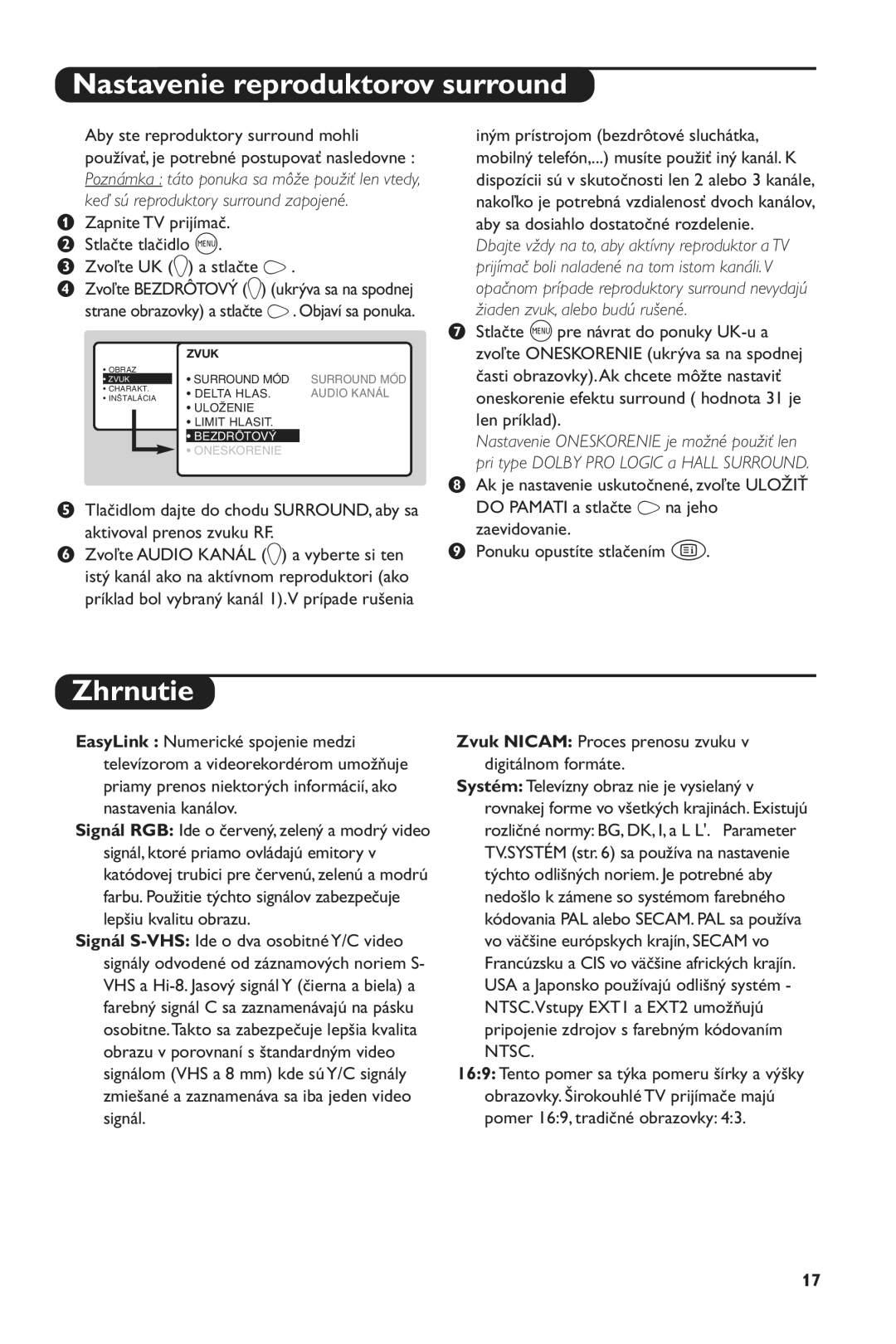 Philips 28PW6516/01 manual Nastavenie reproduktorov surround, Zhrnutie 