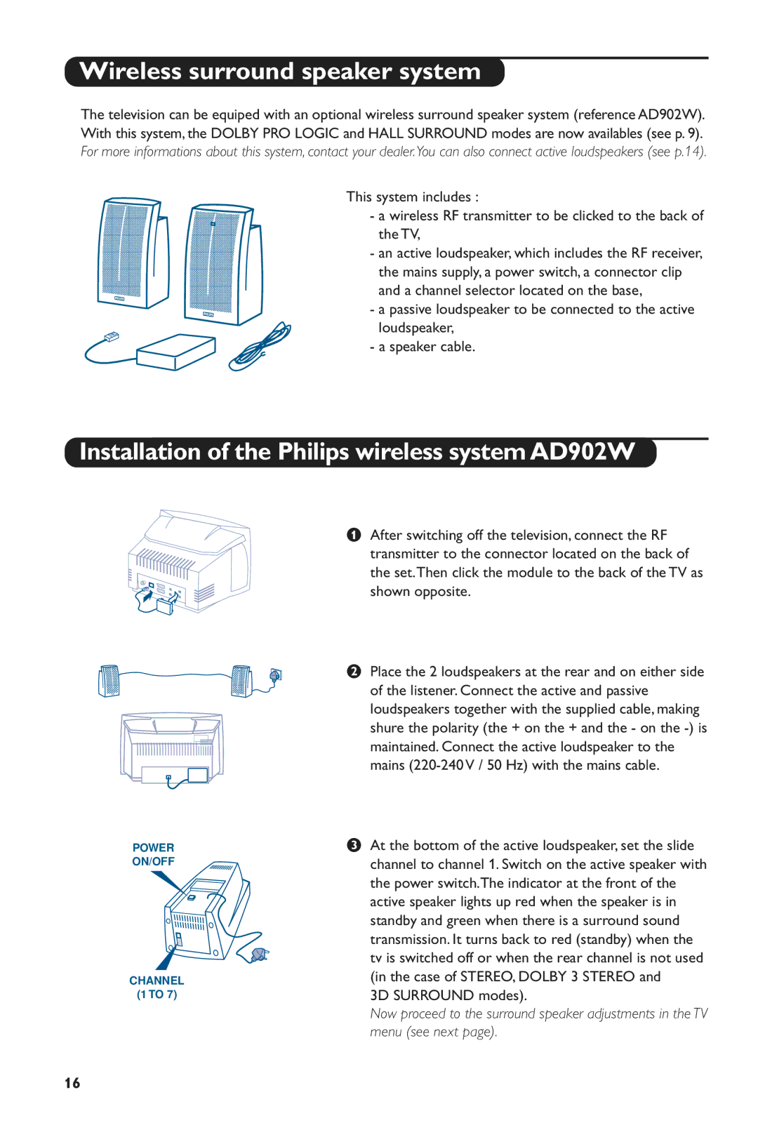 Philips 28PW6516/01 manual Wireless surround speaker system, Installation of the Philips wireless system AD902W 