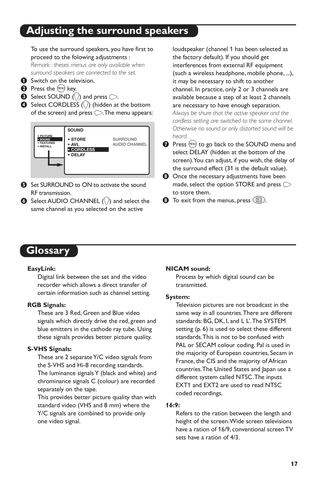 Philips 28PW6516/01 manual Adjusting the surround speakers, Glossary 