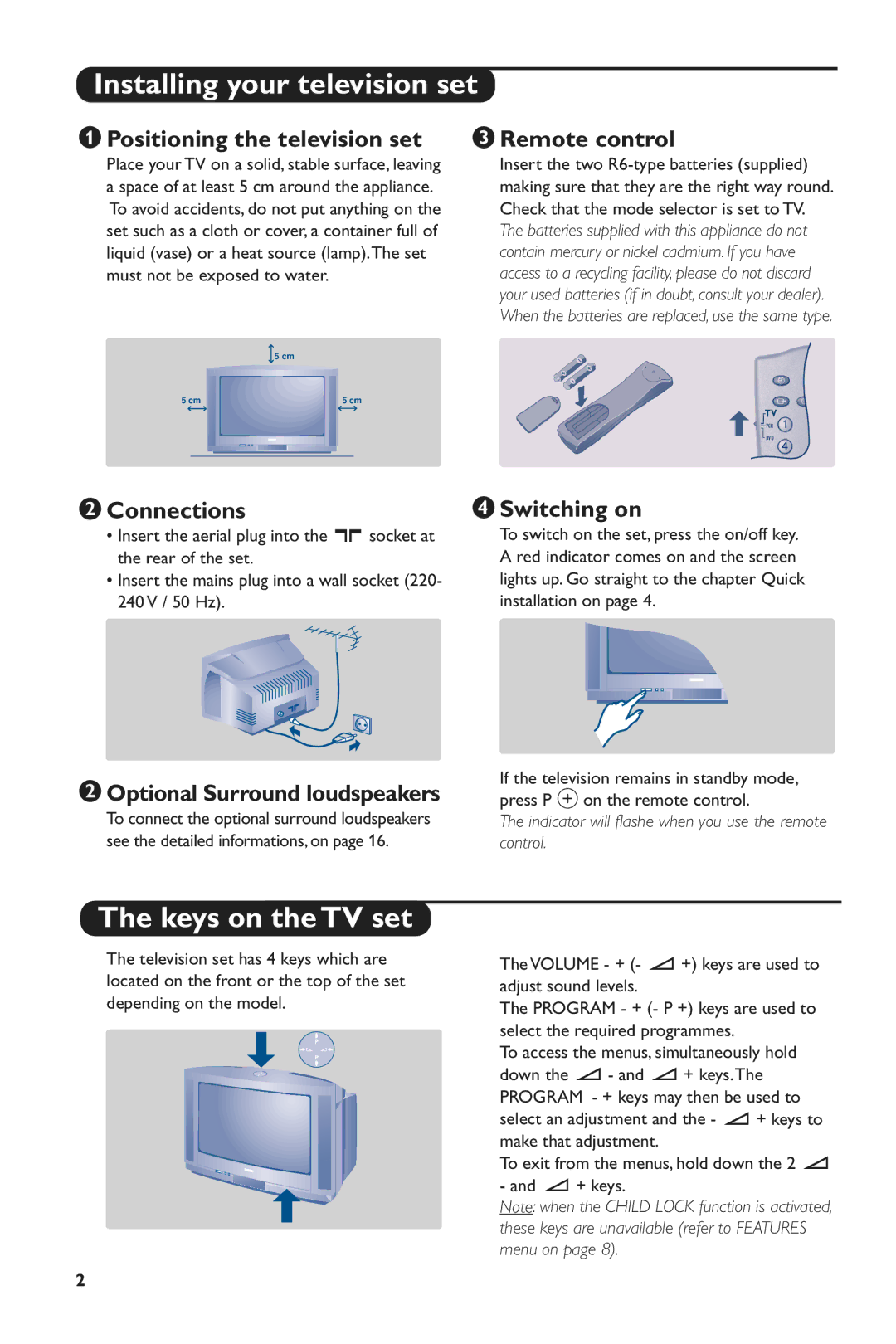 Philips 28PW6516/01 Installing your television set, Keys on the TV set, Positioning the television set Remote control 