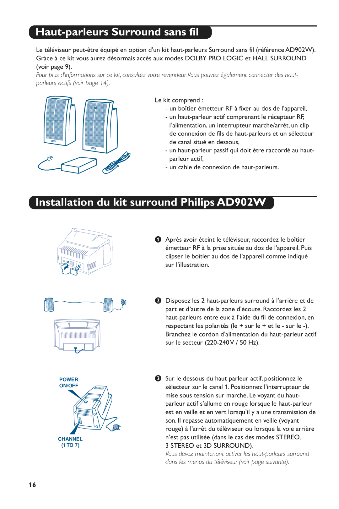 Philips 28PW6516/01 manual Haut-parleurs Surround sans fil, Installation du kit surround Philips AD902W, Le kit comprend 