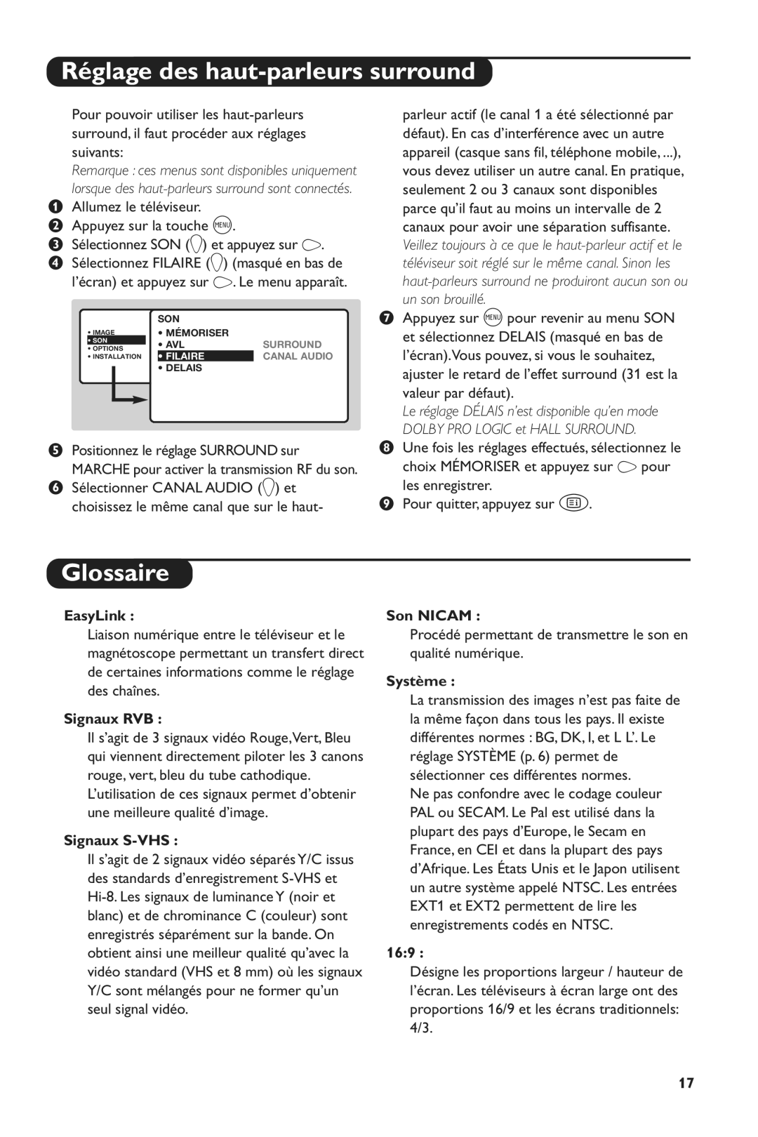 Philips 28PW6516/01 manual Réglage des haut-parleurs surround, Glossaire 