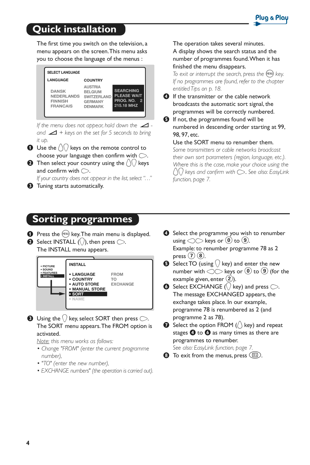 Philips 28PW6516/01 manual Quick installation, Sorting programmes, See also EasyLink function 