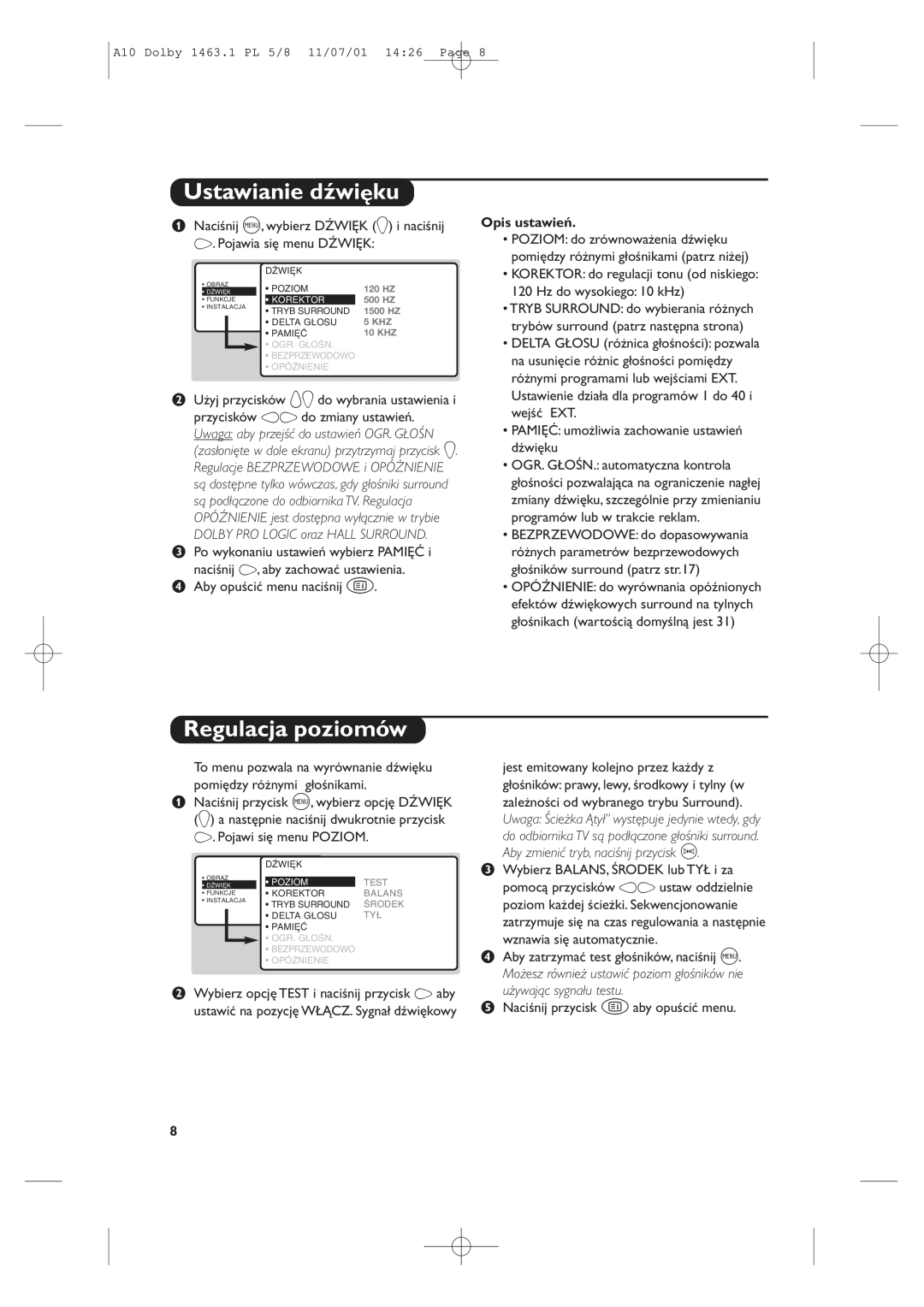 Philips 28PW6516/01 manual Ustawianie dźwięku, Regulacja poziomów 