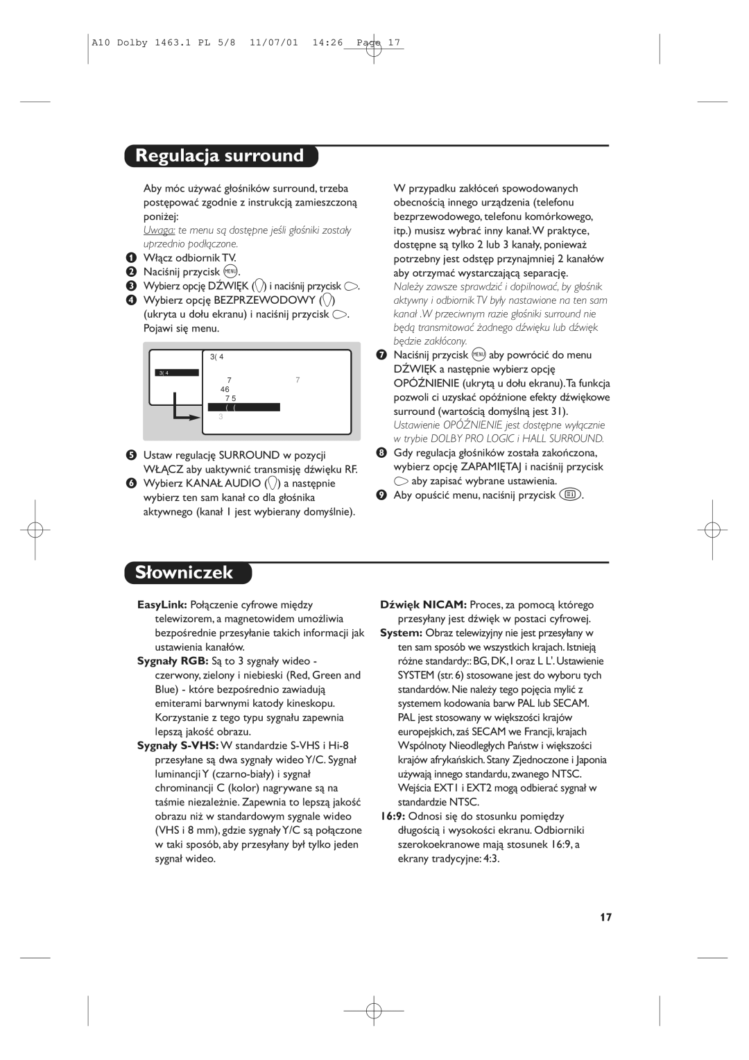 Philips 28PW6516/01 manual Regulacja surround, Słowniczek 