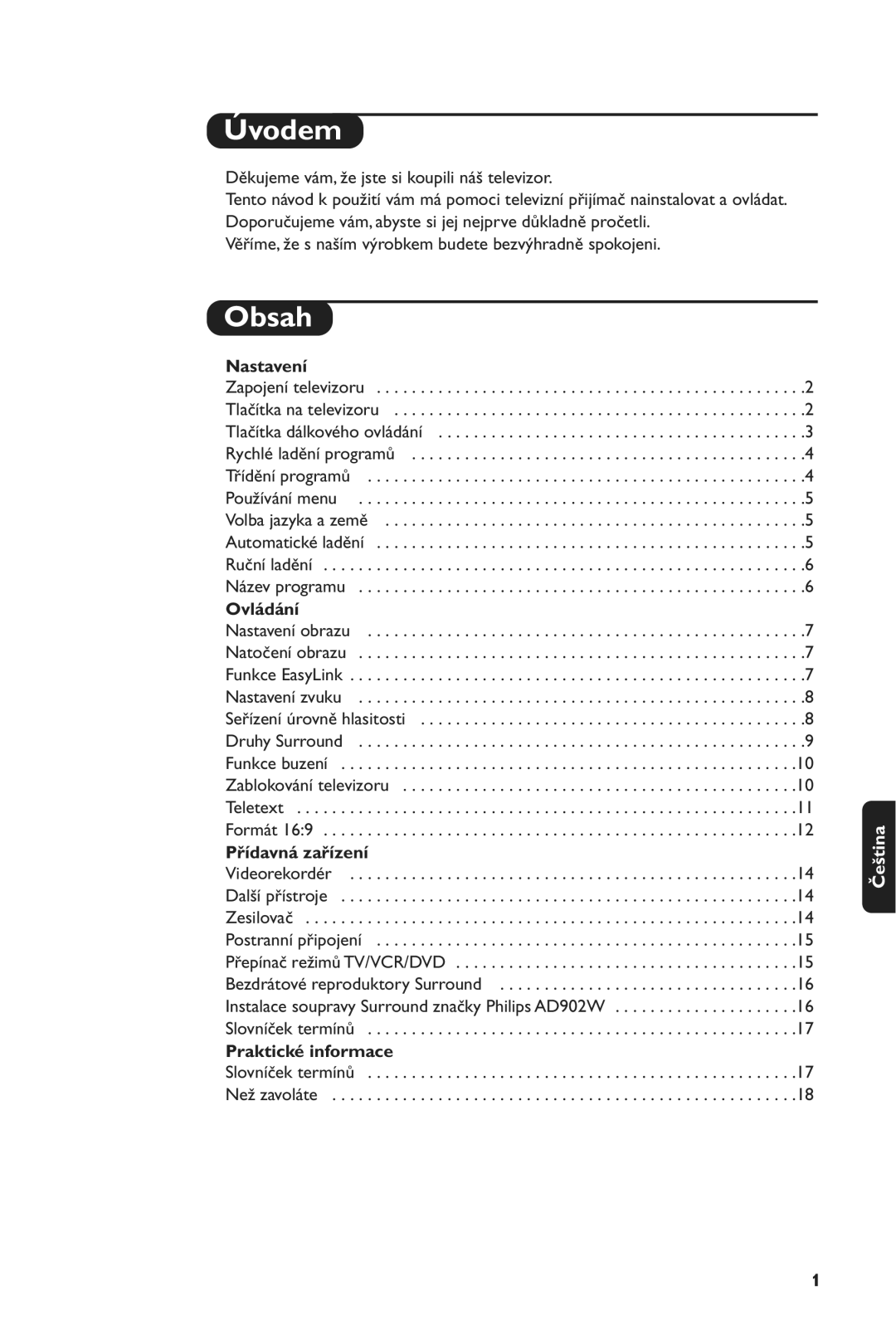 Philips 28PW6516/01 manual Úvodem, Obsah 