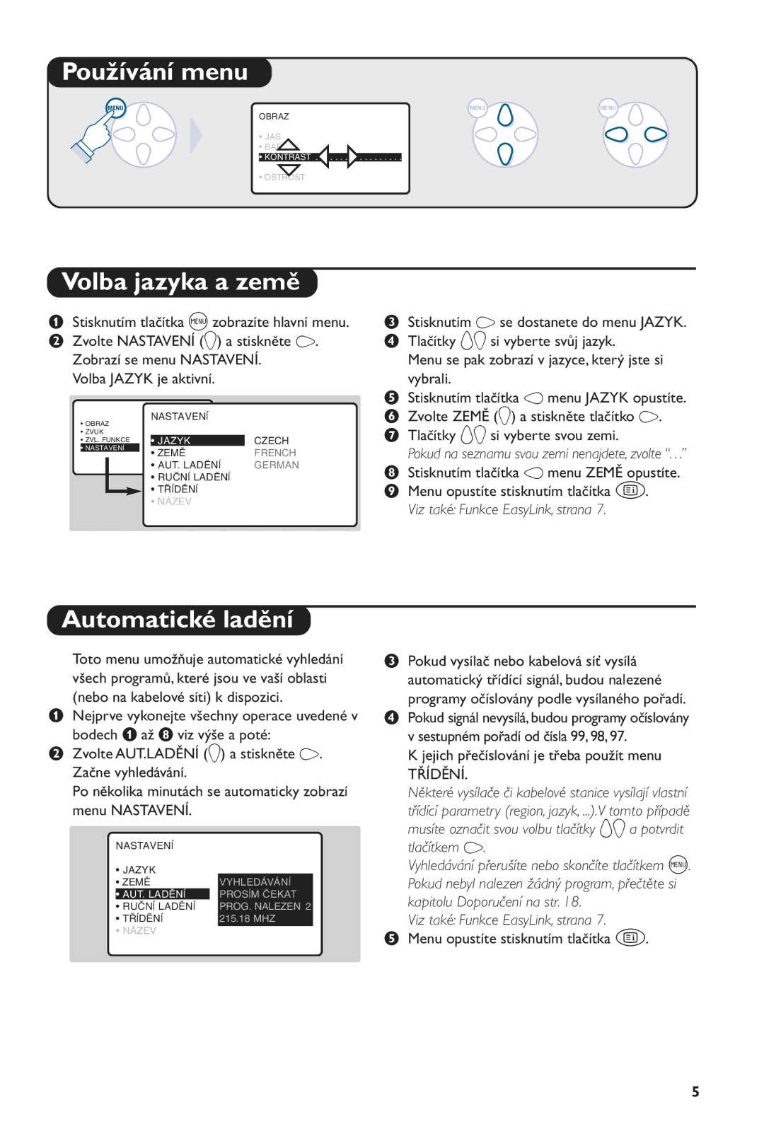 Philips 28PW6516/01 manual Používání menu, Volba jazyka a země, Automatické ladění 