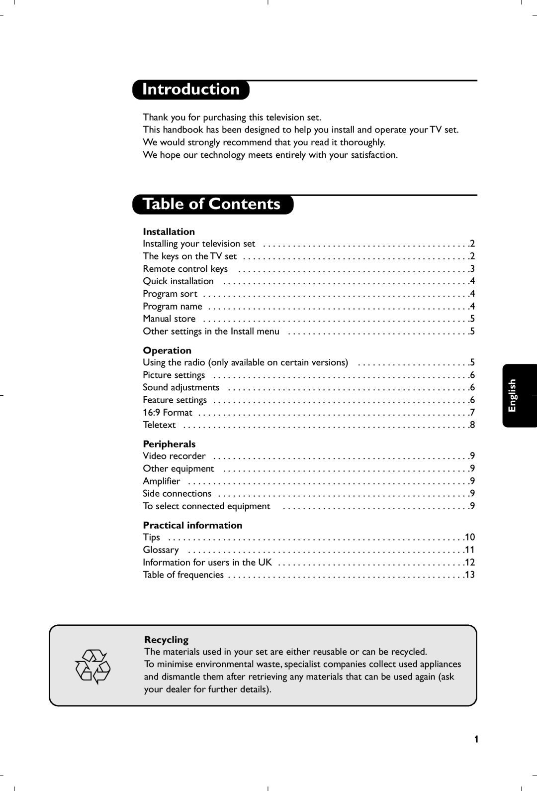 Philips 28PW6520/05 manual Introduction, Table of Contents 