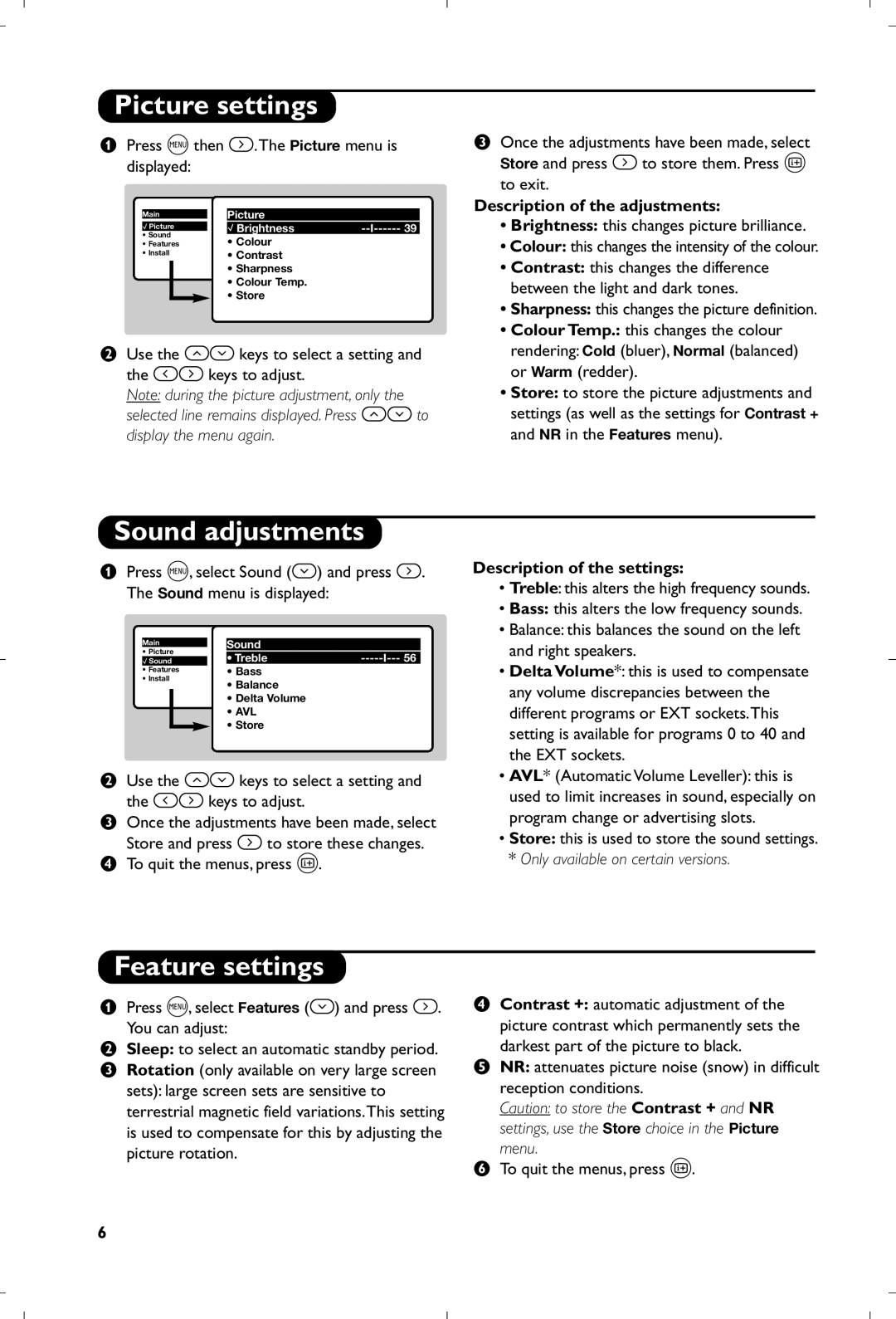 Philips 28PW6520/05 manual Picture settings, Sound adjustments, Feature settings, Description of the adjustments 