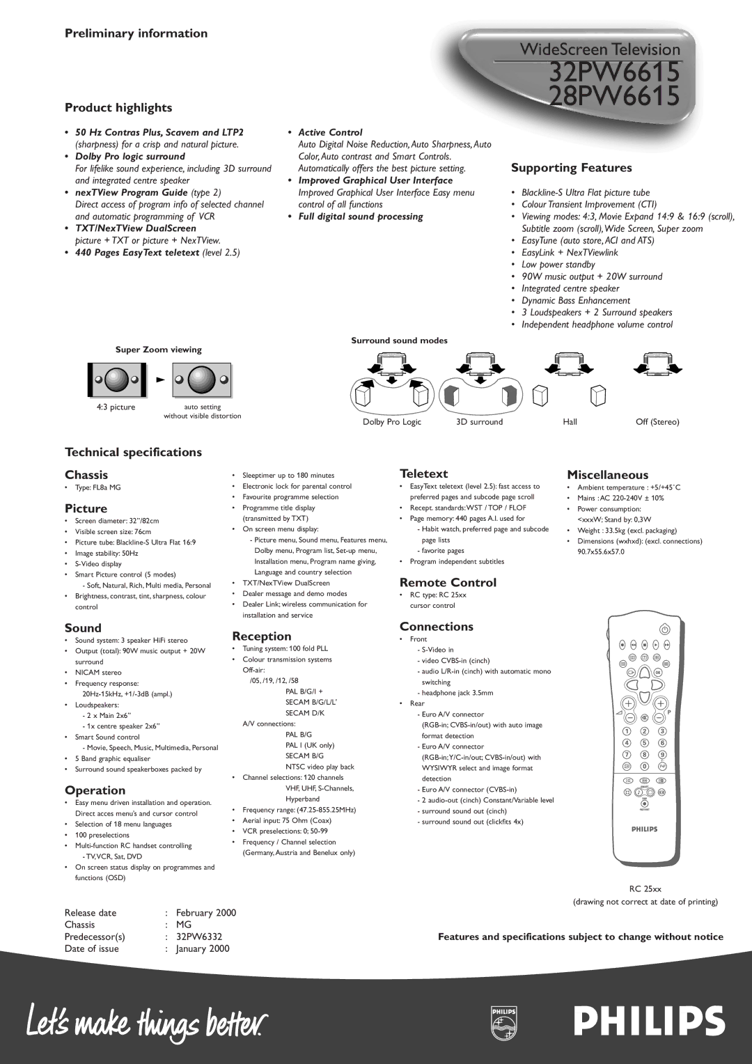 Philips 28PW6615 Preliminary information Product highlights, Technical specifications Chassis, Picture, Sound, Operation 