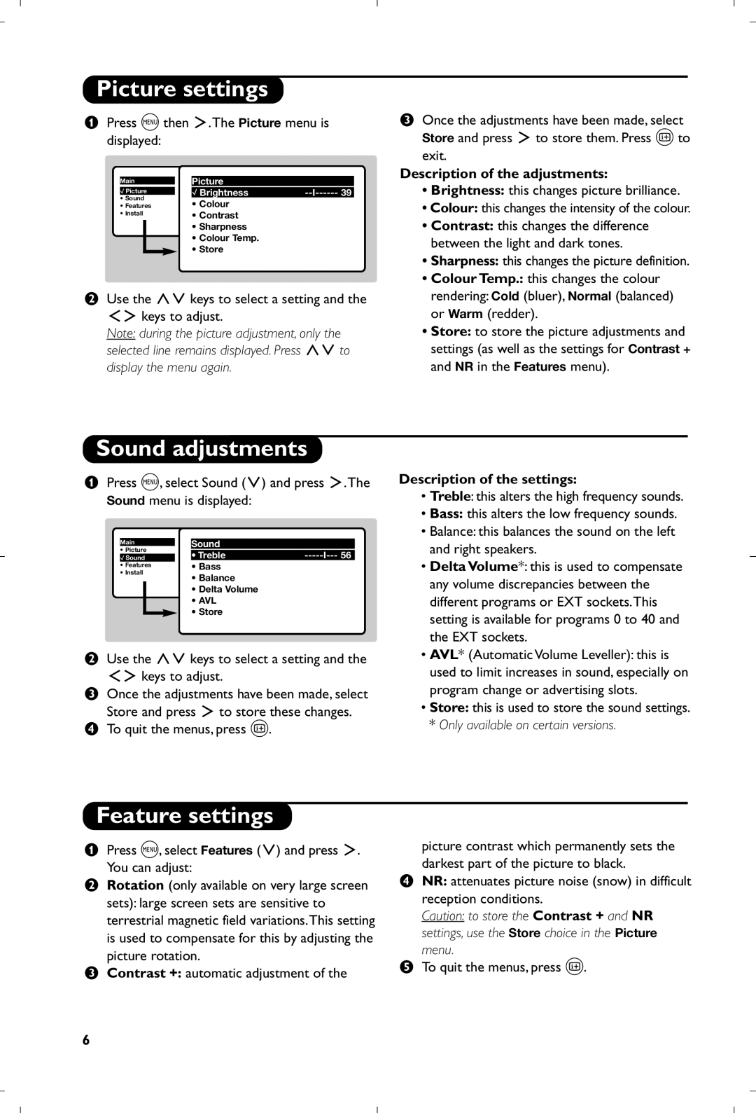 Philips 28PW6618/05 manual Picture settings, Sound adjustments, Feature settings, Description of the adjustments 