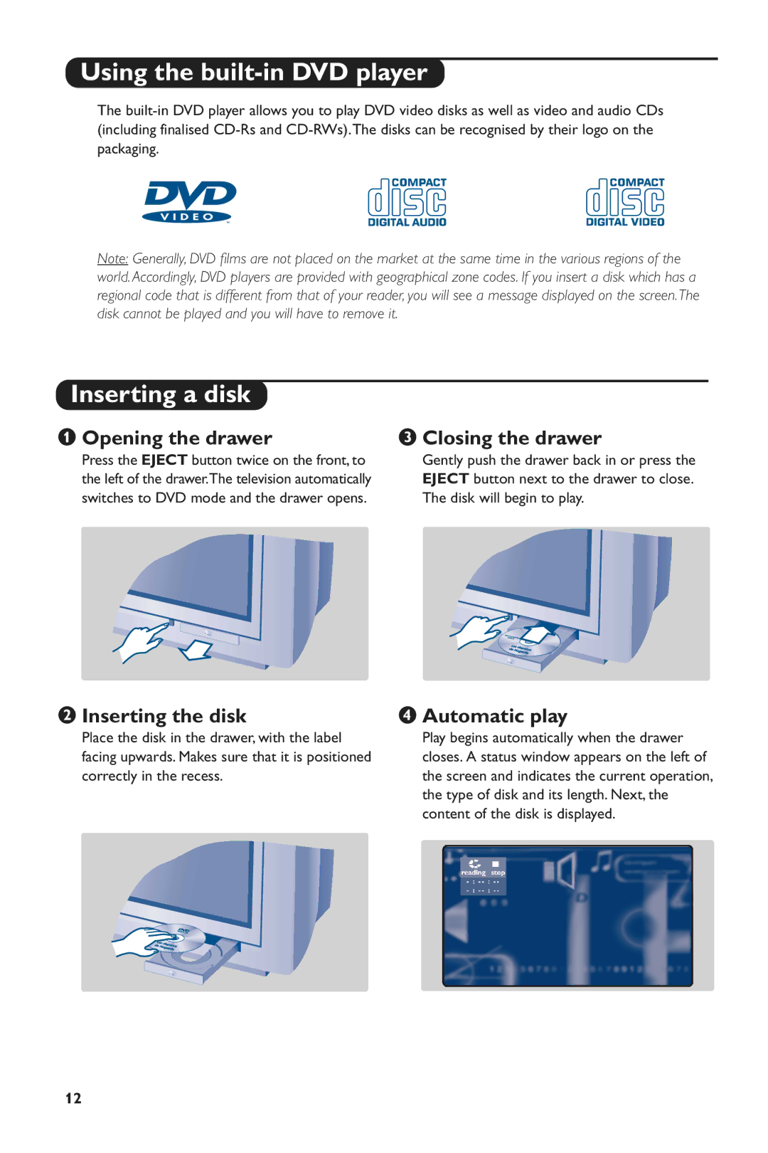 Philips 28PW6816/05 manual Using the built-in DVD player, Inserting a disk, Opening the drawer Closing the drawer 