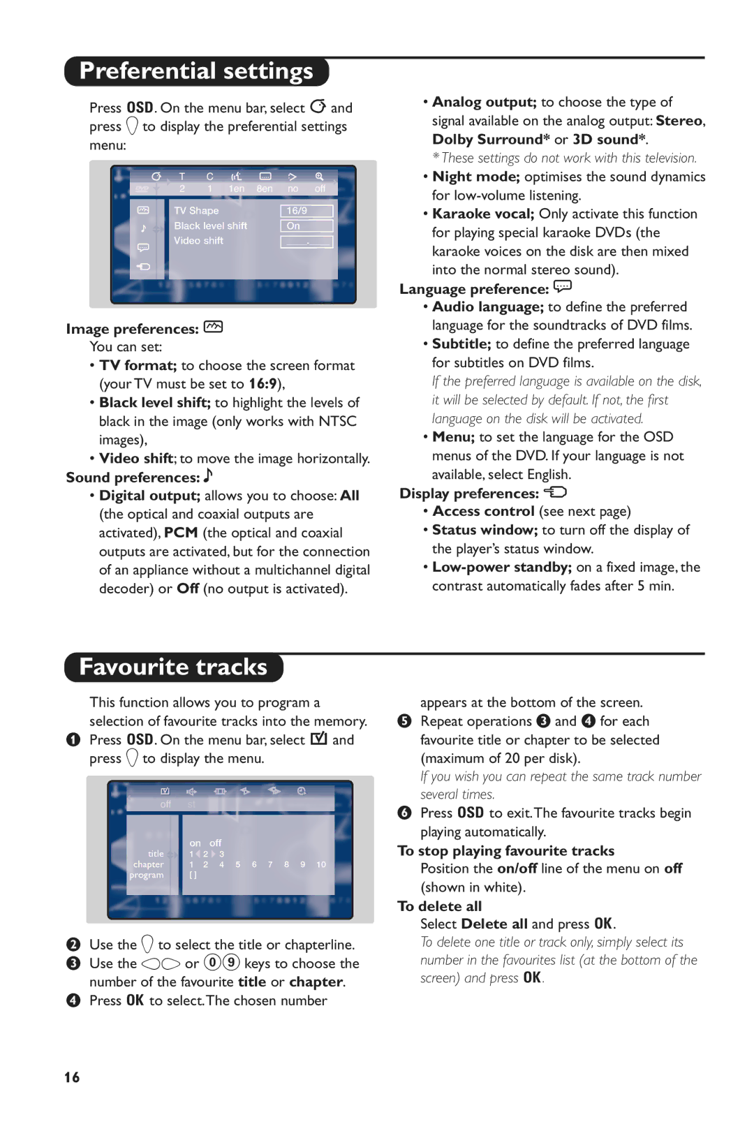 Philips 28PW6816/05 manual Preferential settings, Favourite tracks 