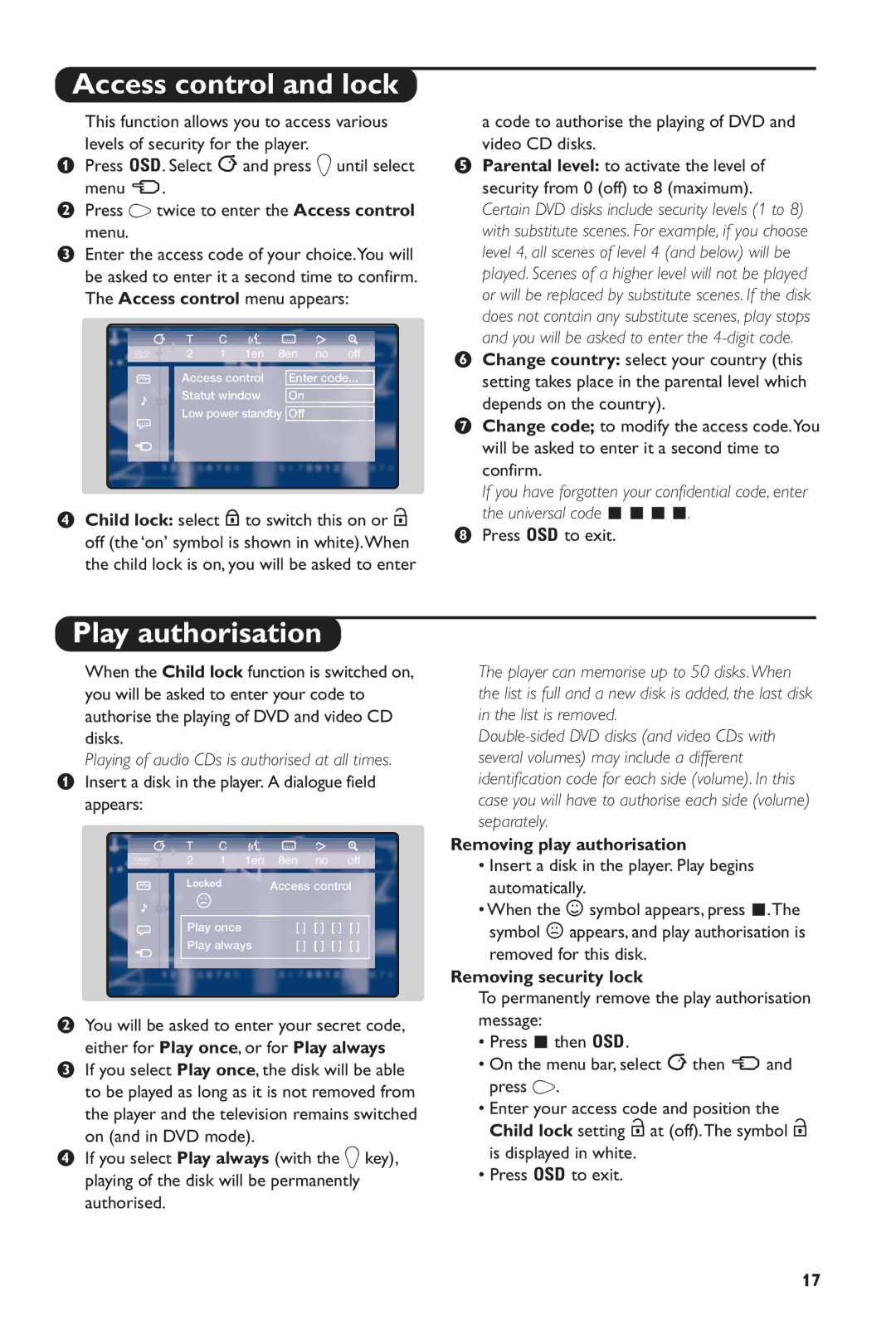 Philips 28PW6816/05 manual Access control and lock, Play authorisation, Removing play authorisation, Removing security lock 