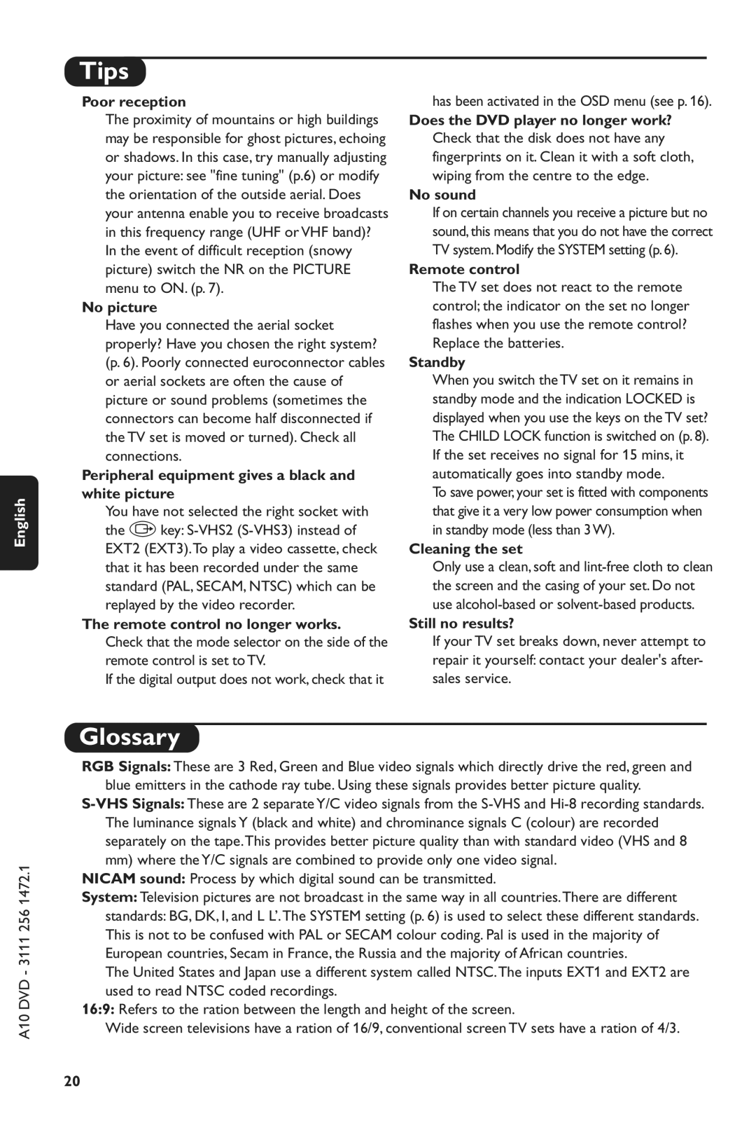 Philips 28PW6816/05 manual Tips, Glossary 