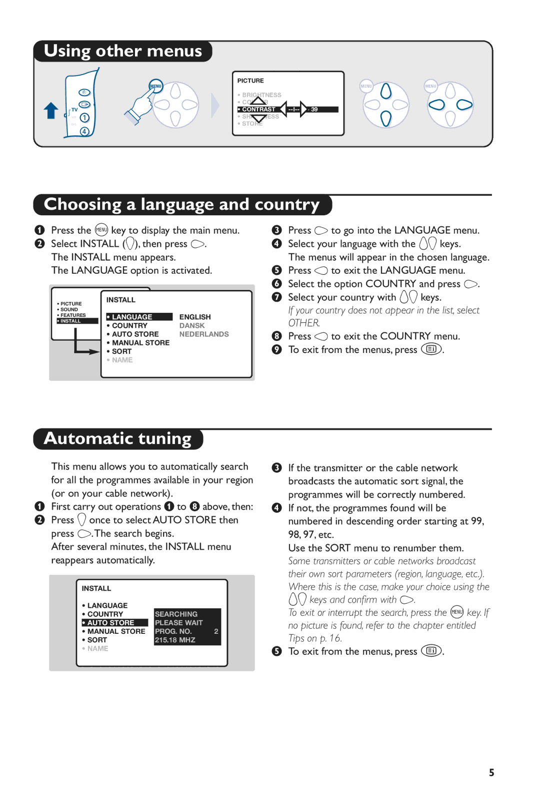 Philips 28PW6816/05 manual Using other menus, Choosing a language and country, Automatic tuning 