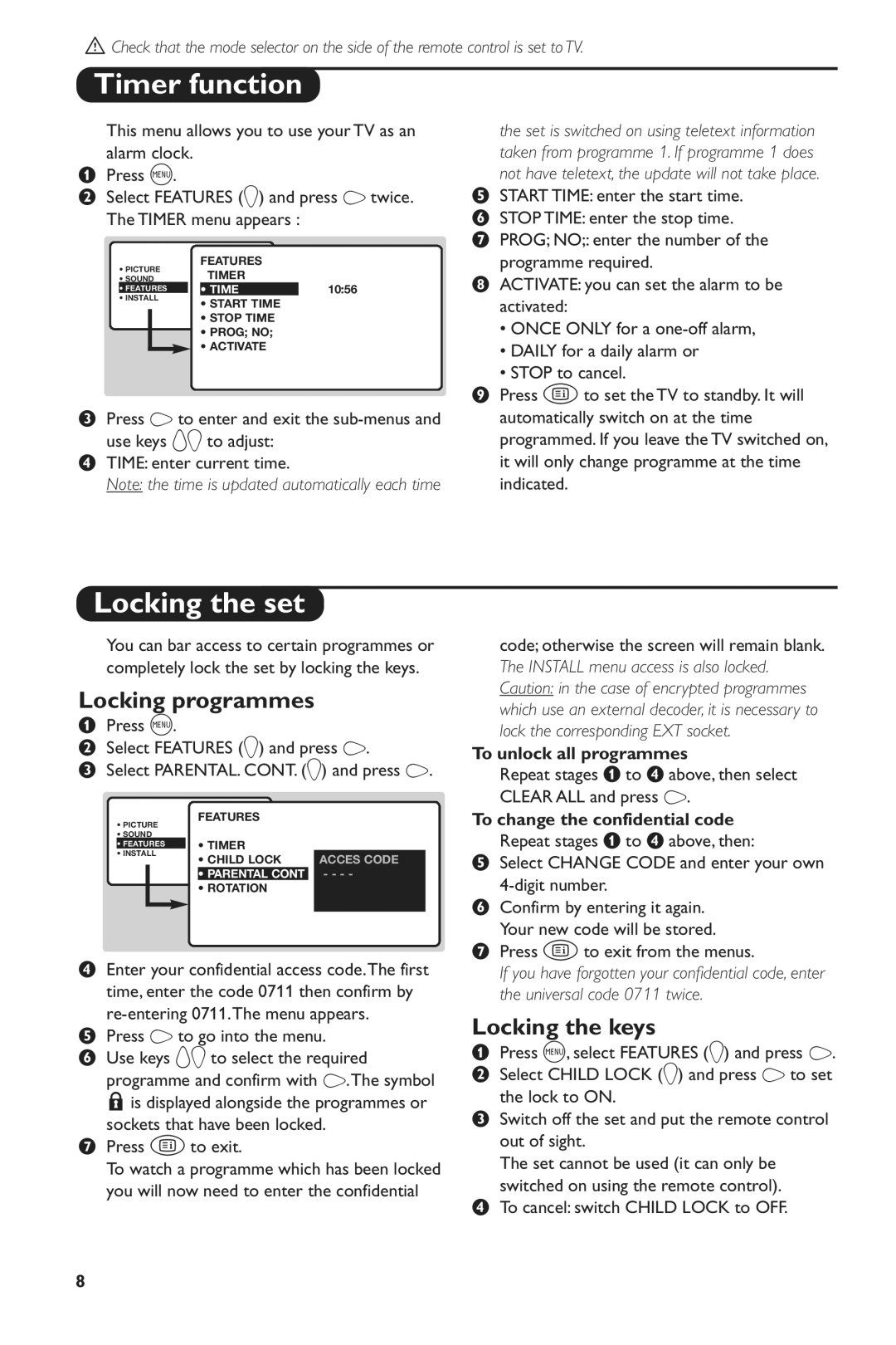 Philips 28PW6816/05 manual Timer function, Locking the set, Locking programmes, Locking the keys 