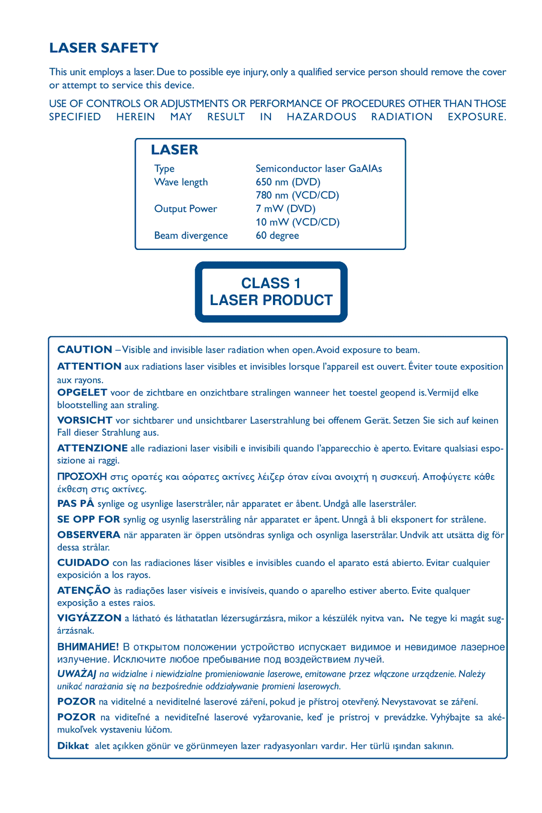 Philips 28PW6826/05 manual Laser Safety, Type 