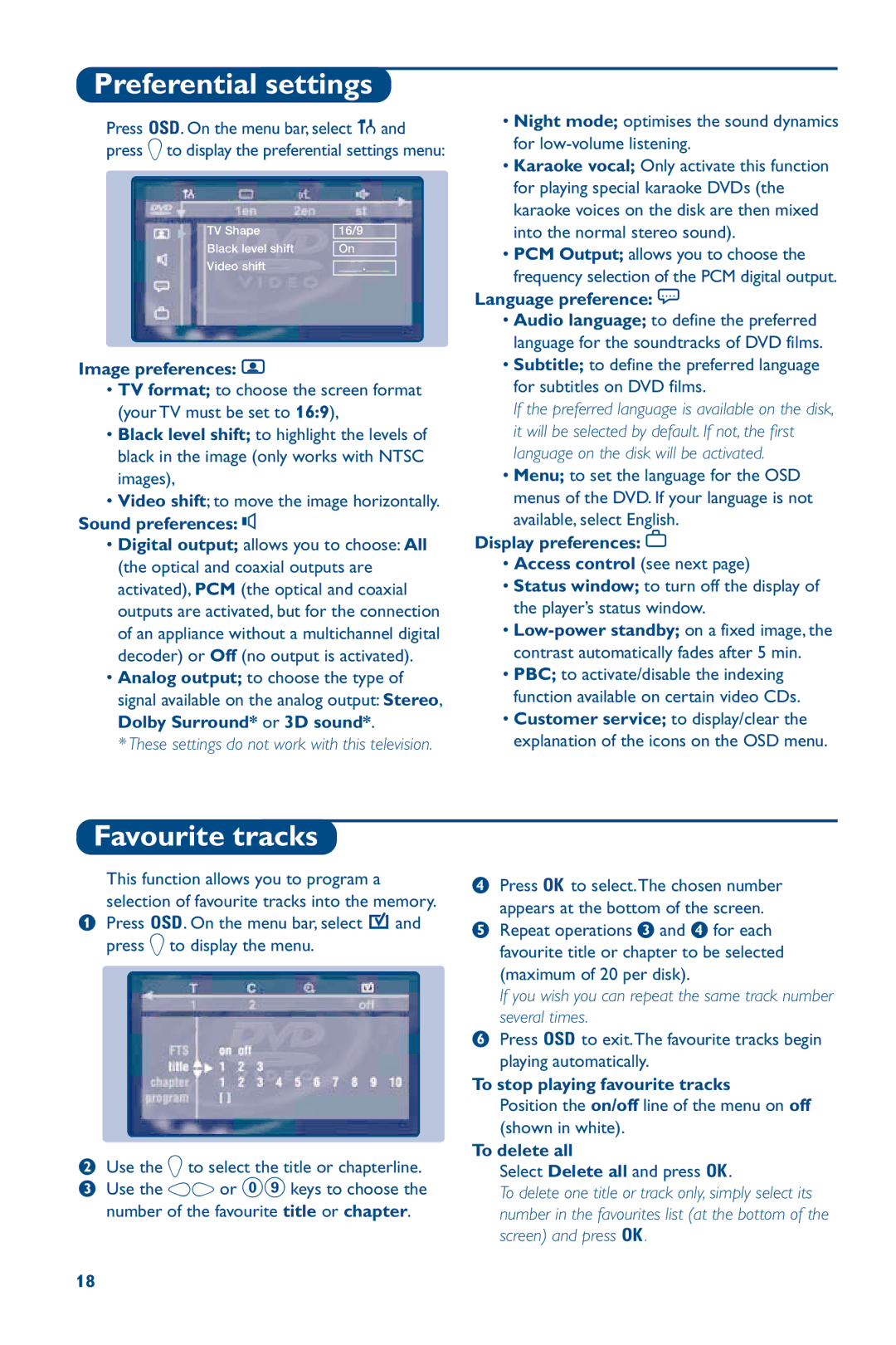 Philips 28PW6826/05 manual Preferential settings, Favourite tracks 