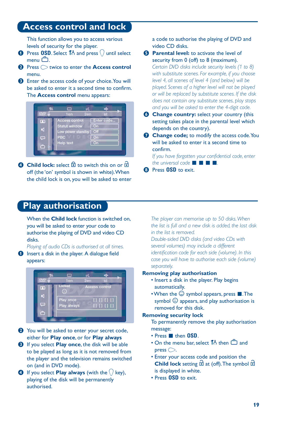 Philips 28PW6826/05 manual Access control and lock, Play authorisation, Removing play authorisation, Removing security lock 