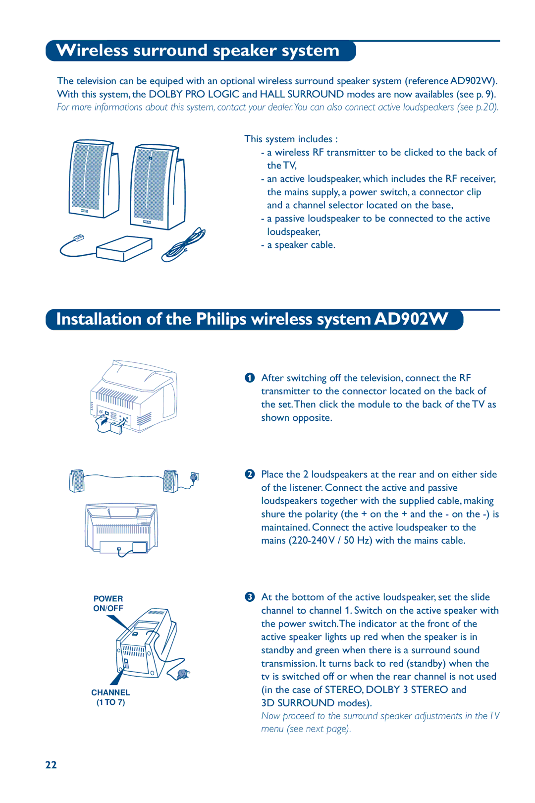 Philips 28PW6826/05 manual Wireless surround speaker system, Installation of the Philips wireless system AD902W 