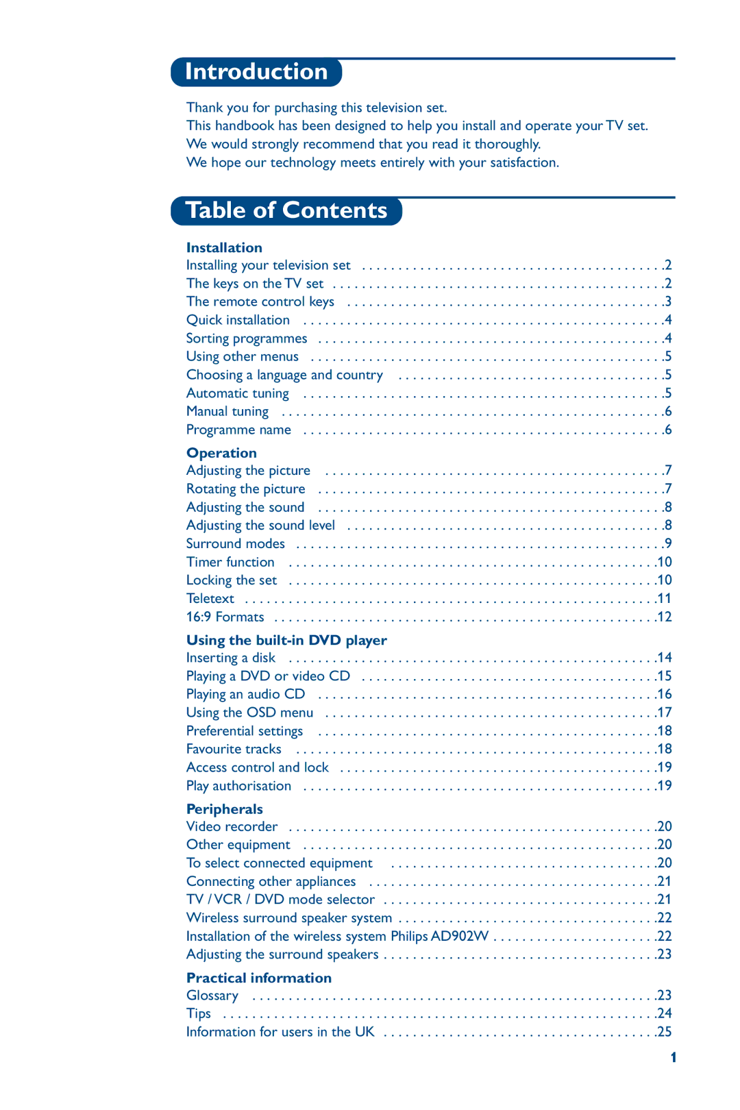 Philips 28PW6826/05 manual Introduction, Table of Contents 