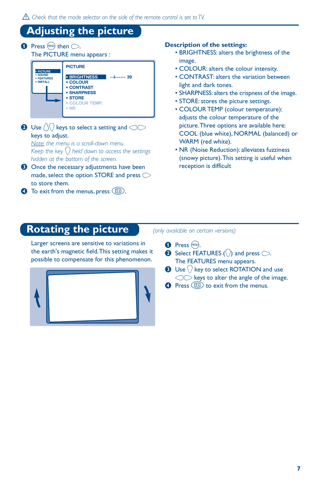 Philips 28PW6826/05 manual Adjusting the picture, Rotating the picture, Description of the settings 