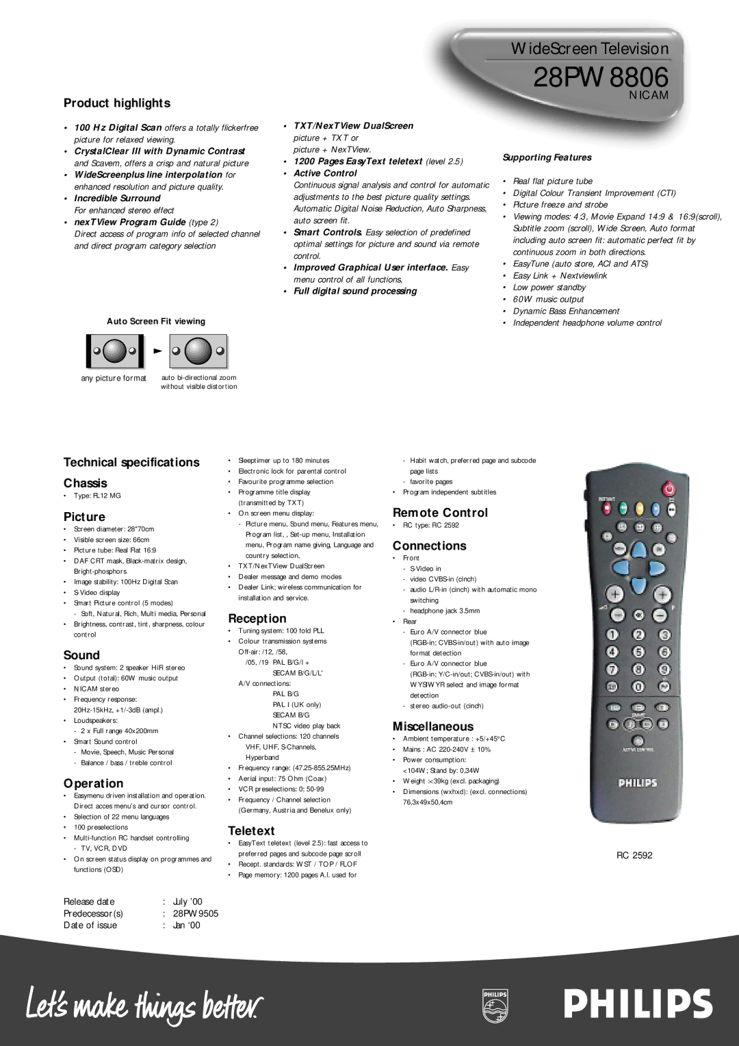 Philips 28PW8806 Product highlights, Technical specifications Chassis, Picture, Sound, Operation, Reception, Teletext 