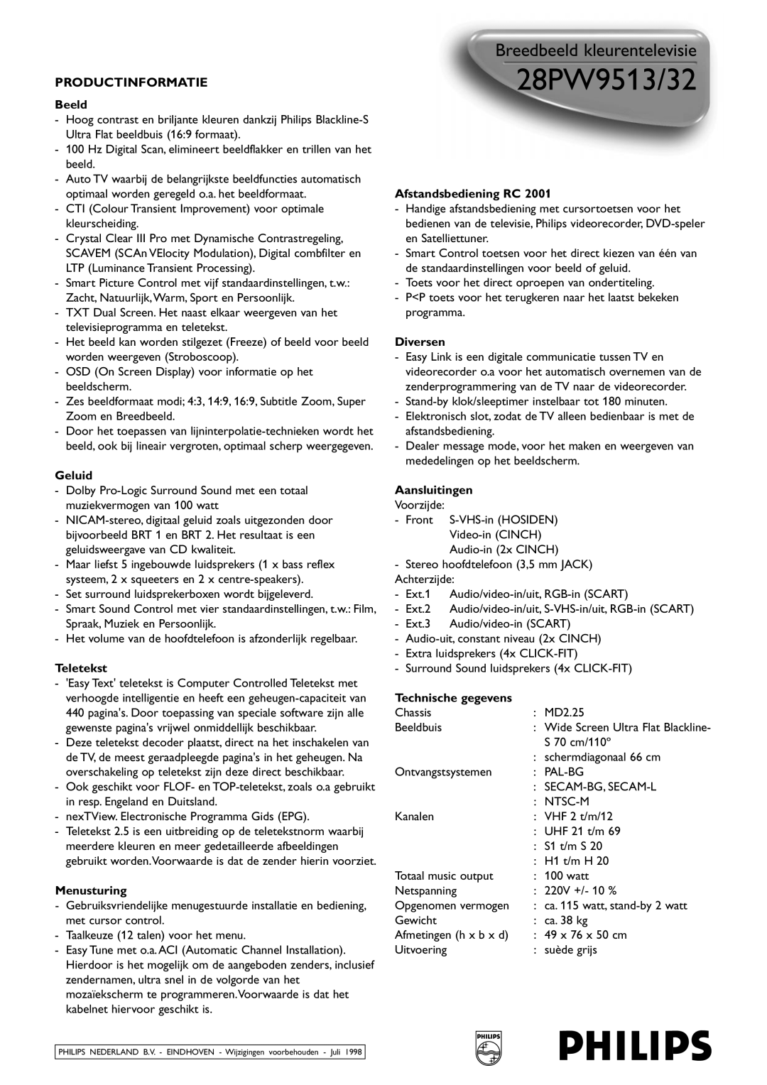 Philips 28PW9513/32 manual Beeld, Geluid, Teletekst, Menusturing, Afstandsbediening RC, Diversen, Aansluitingen 