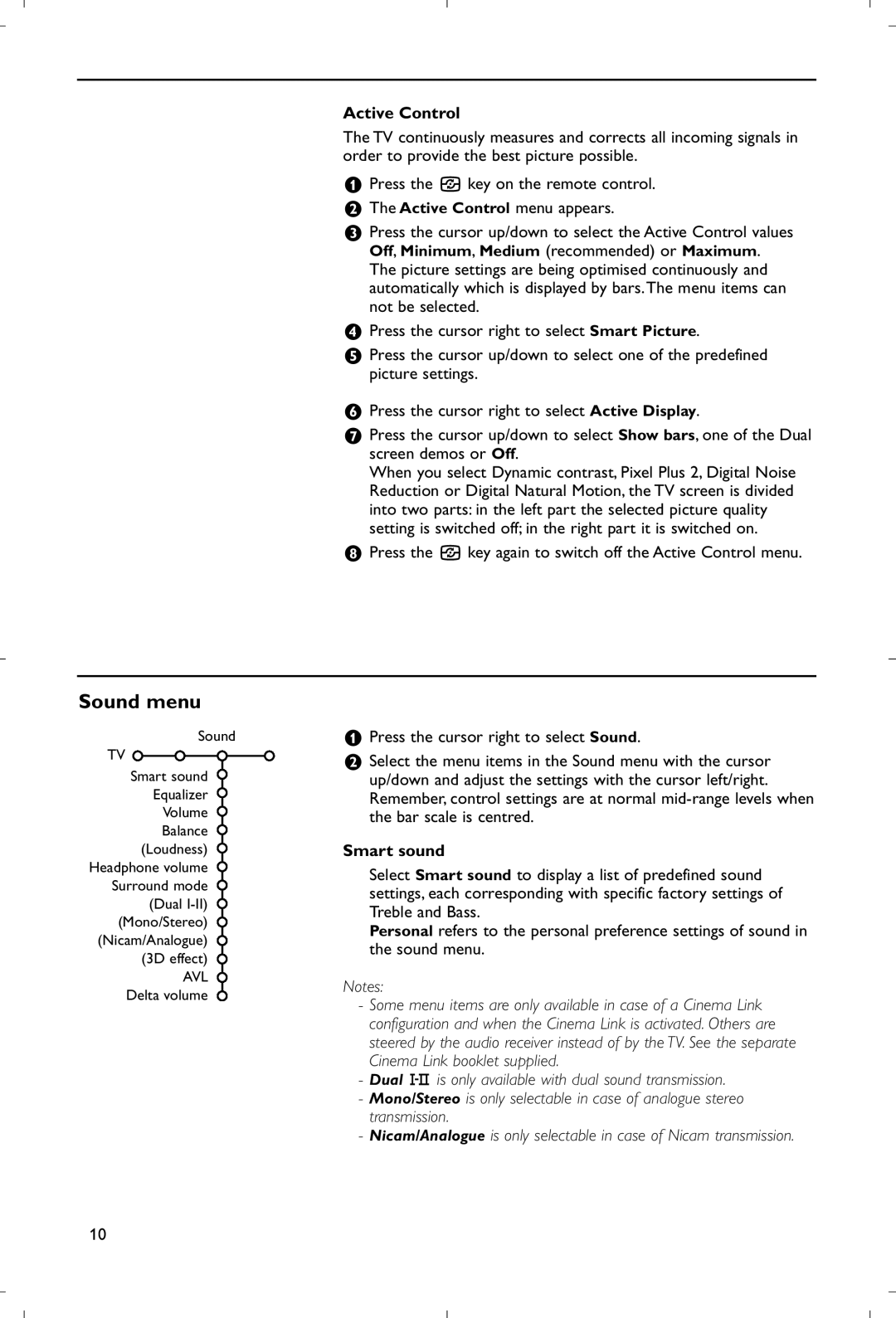 Philips 28PW9520/12 Sound menu, Press the h key again to switch off the Active Control menu, Smart sound 