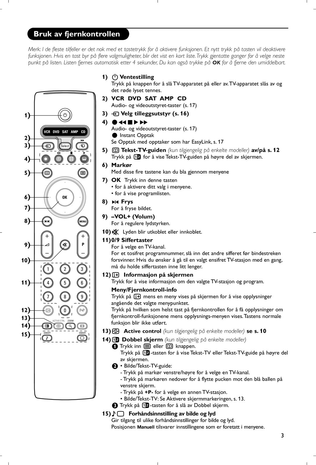 Philips 28PW9520/12 instruction manual Bruk av fjernkontrollen 