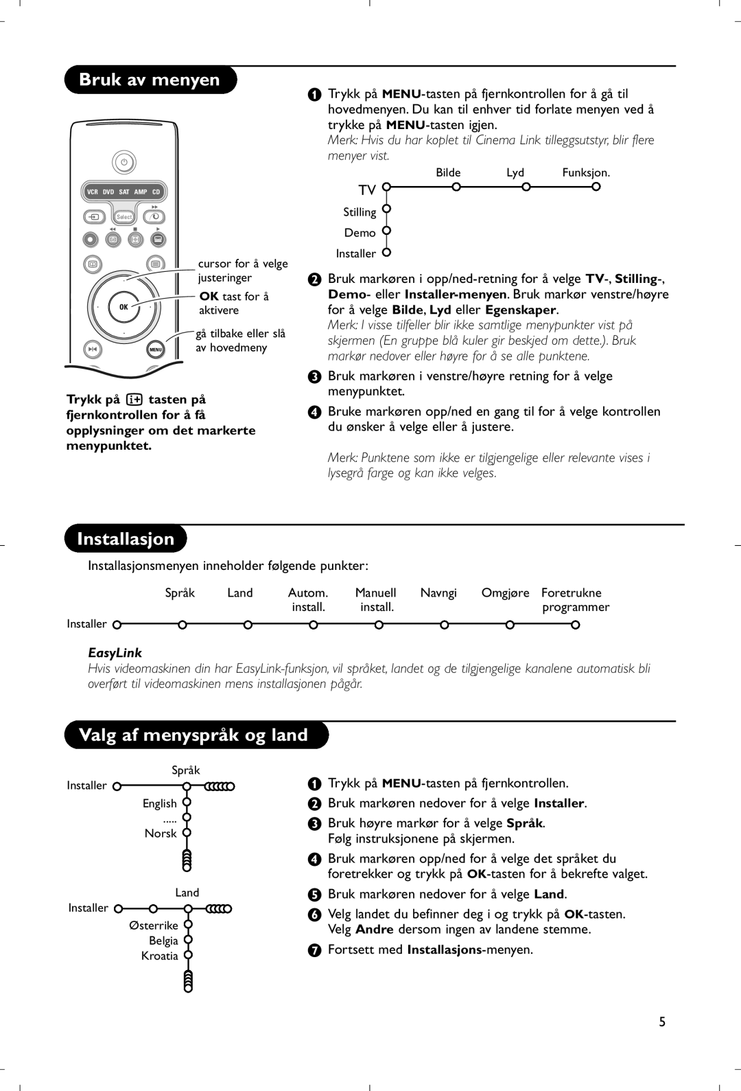 Philips 28PW9520/12 instruction manual Bruk av menyen, Installasjon, Valg af menyspråk og land 