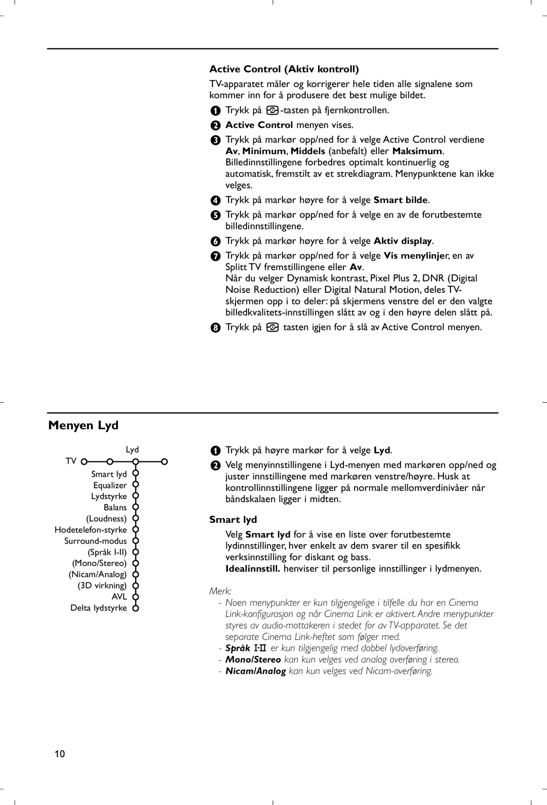 Philips 28PW9520/12 instruction manual Menyen Lyd, Active Control Aktiv kontroll, Smart lyd, Merk 