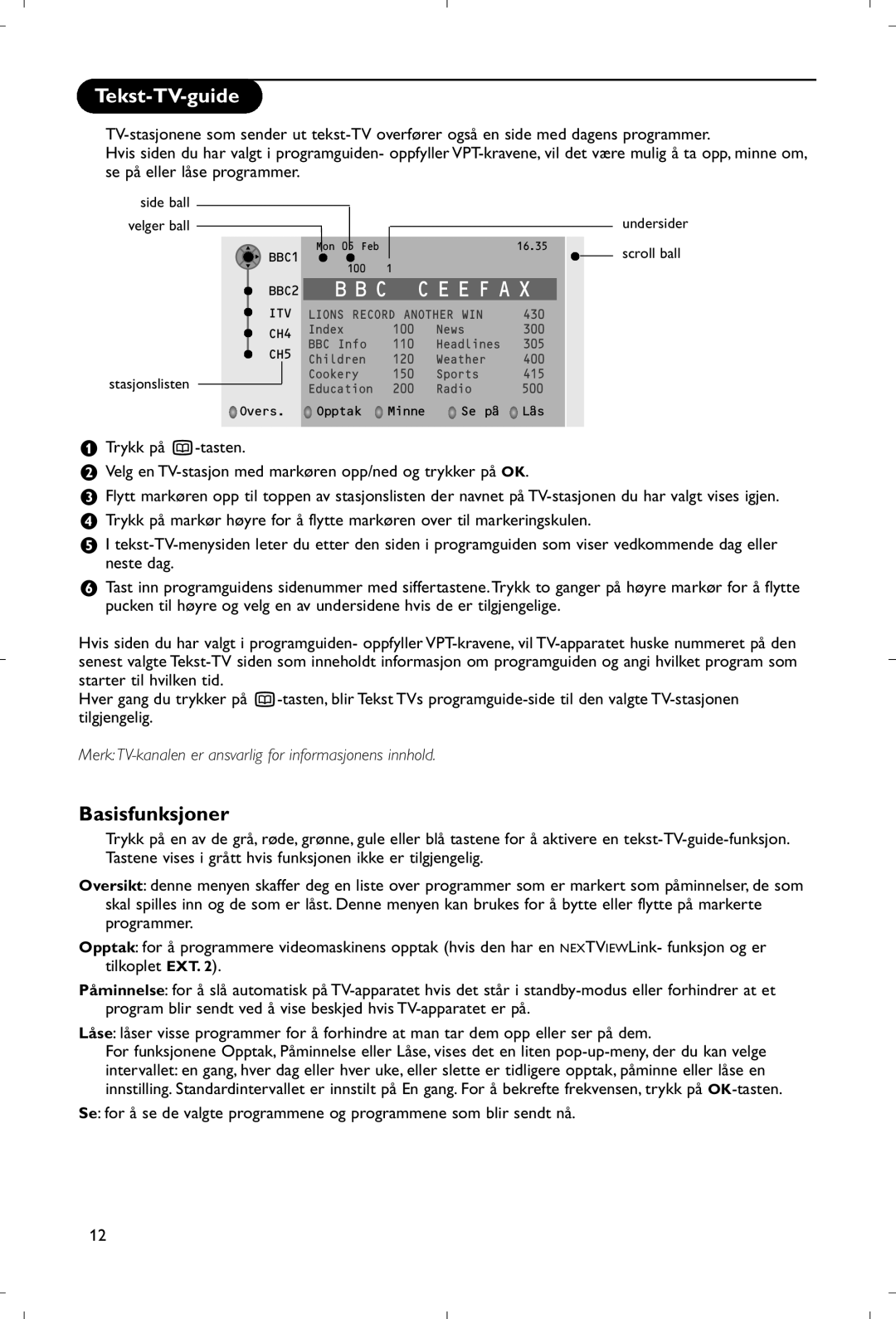 Philips 28PW9520/12 Tekst-TV-guide, Basisfunksjoner, Merk TV-kanalen er ansvarlig for informasjonens innhold 