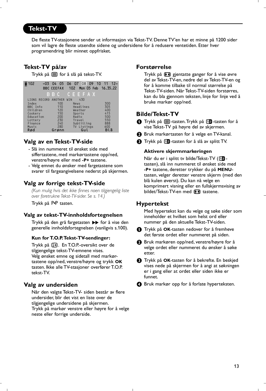 Philips 28PW9520/12 Tekst-TV på/av, Valg av en Tekst-TV-side, Valg av forrige tekst-TV-side, Valg av undersiden 