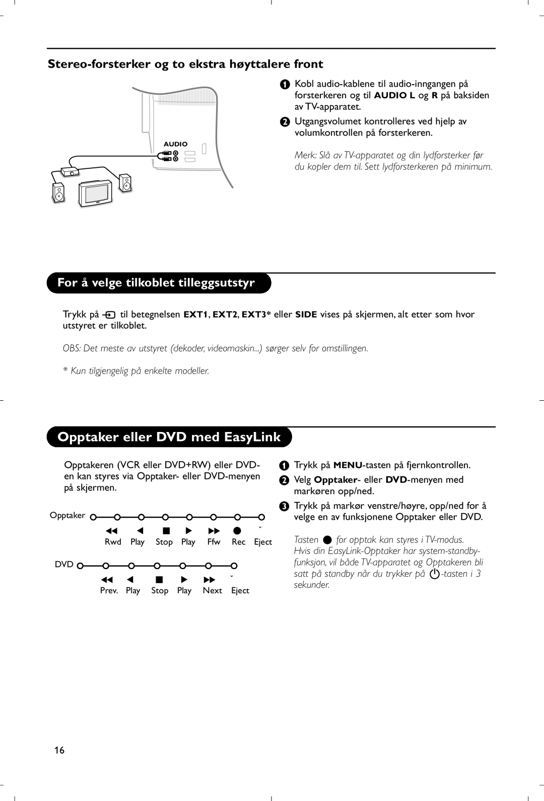 Philips 28PW9520/12 instruction manual Opptaker eller DVD med EasyLink, Stereo-forsterker og to ekstra høyttalere front 