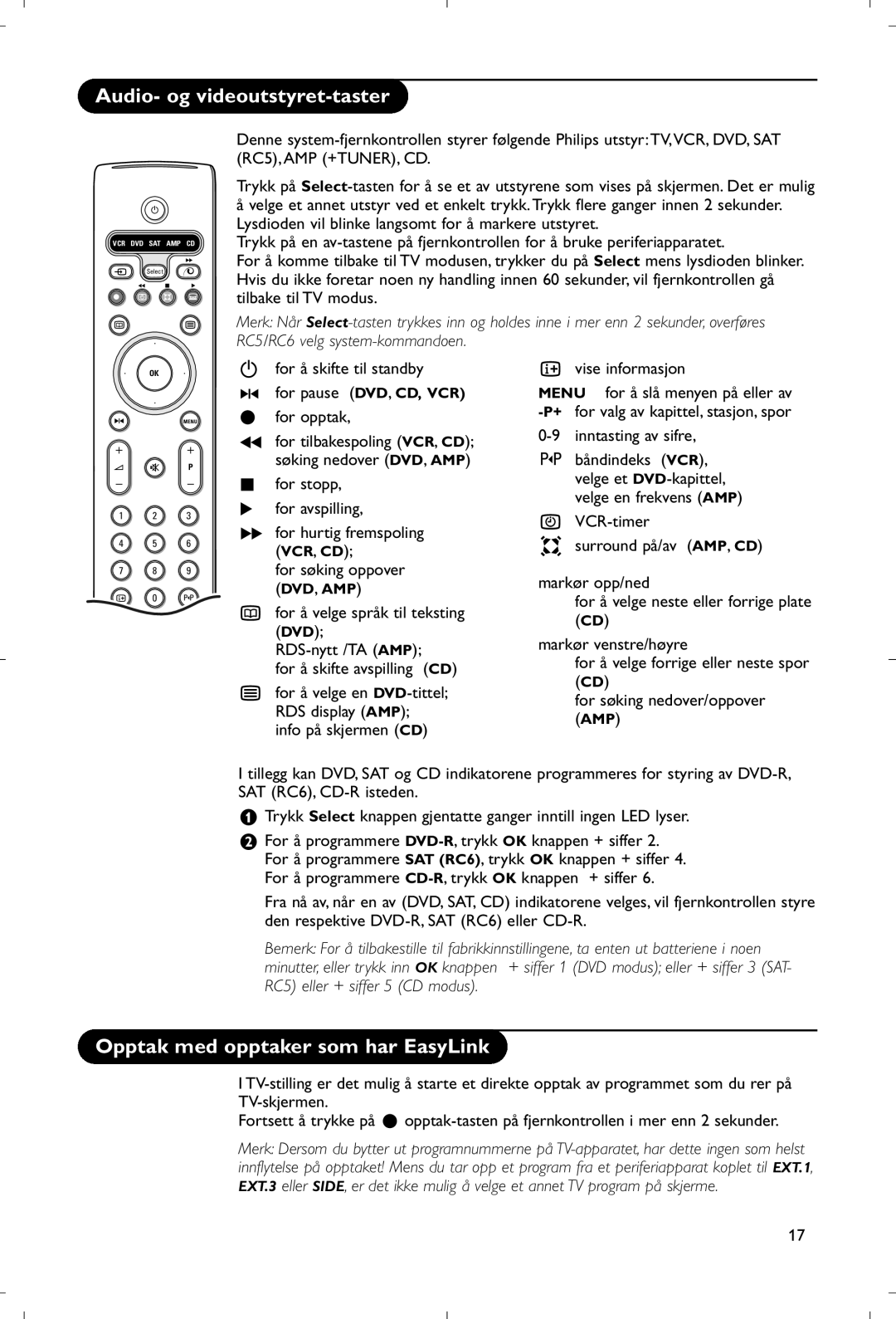 Philips 28PW9520/12 Audio- og videoutstyret-taster, Opptak med opptaker som har EasyLink, ‡ for stopp For avspilling 