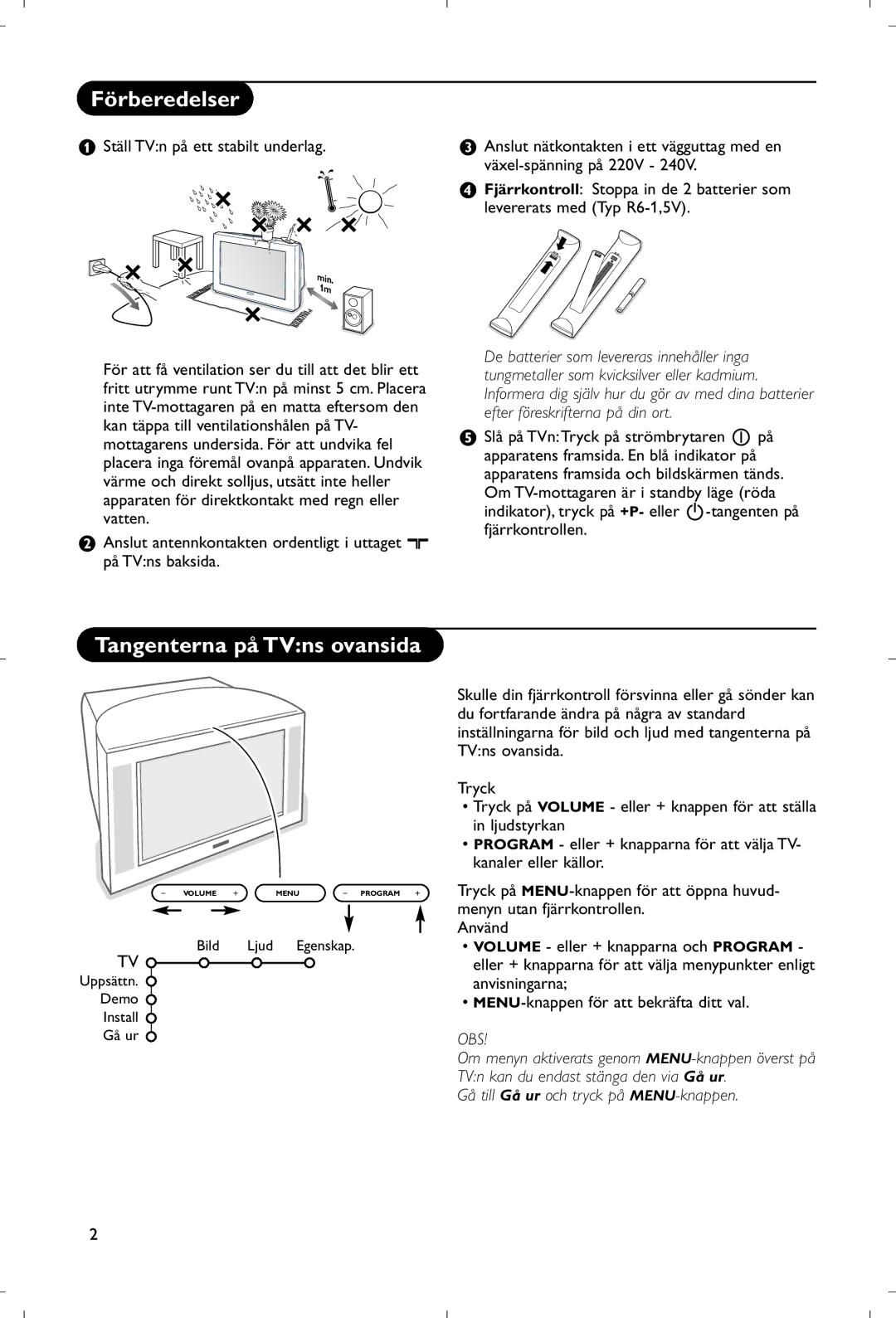 Philips 28PW9520/12 instruction manual Förberedelser, Tangenterna på TVns ovansida, Gå till Gå ur och tryck på MENU-knappen 