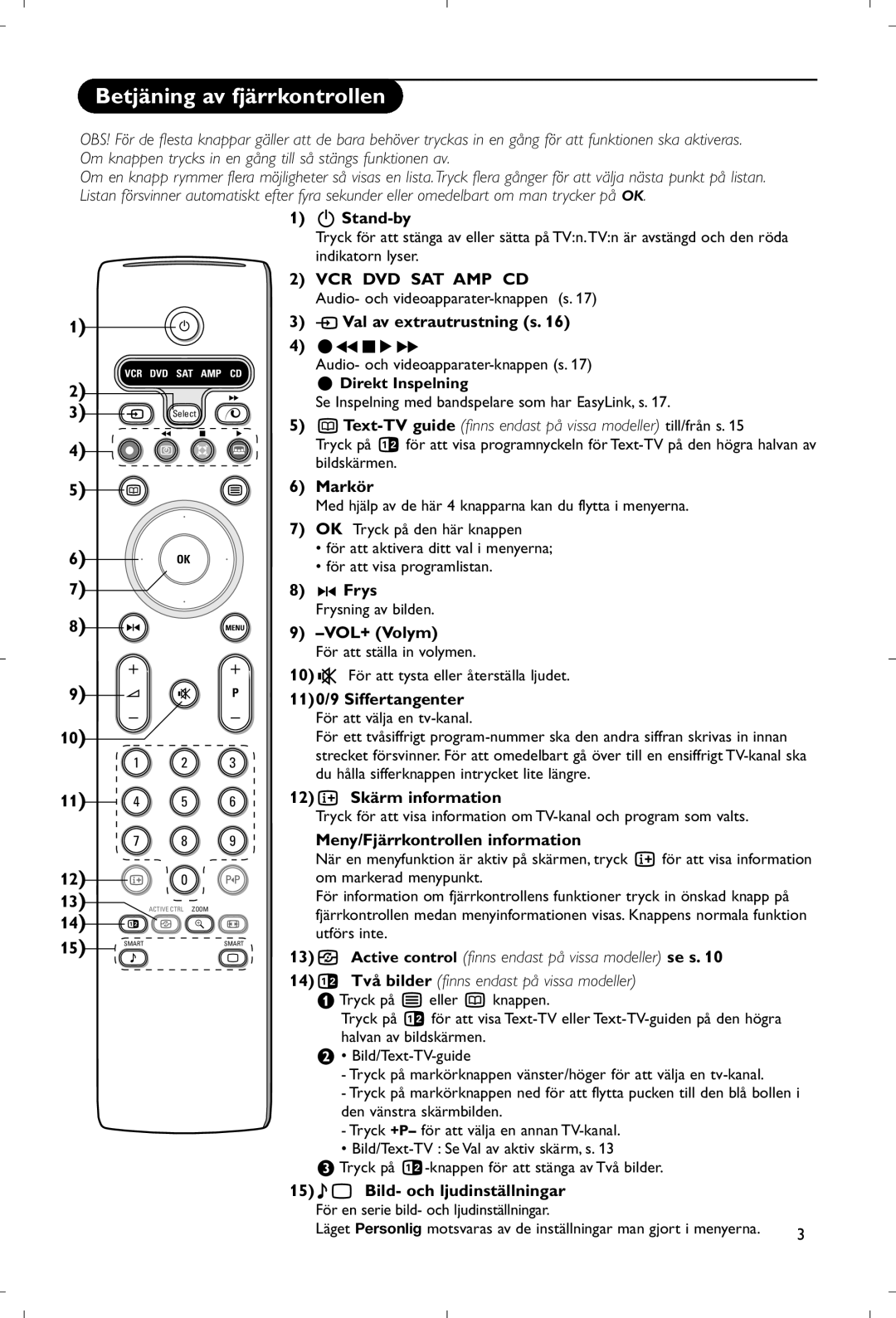 Philips 28PW9520/12 instruction manual Betjäning av fjärrkontrollen 