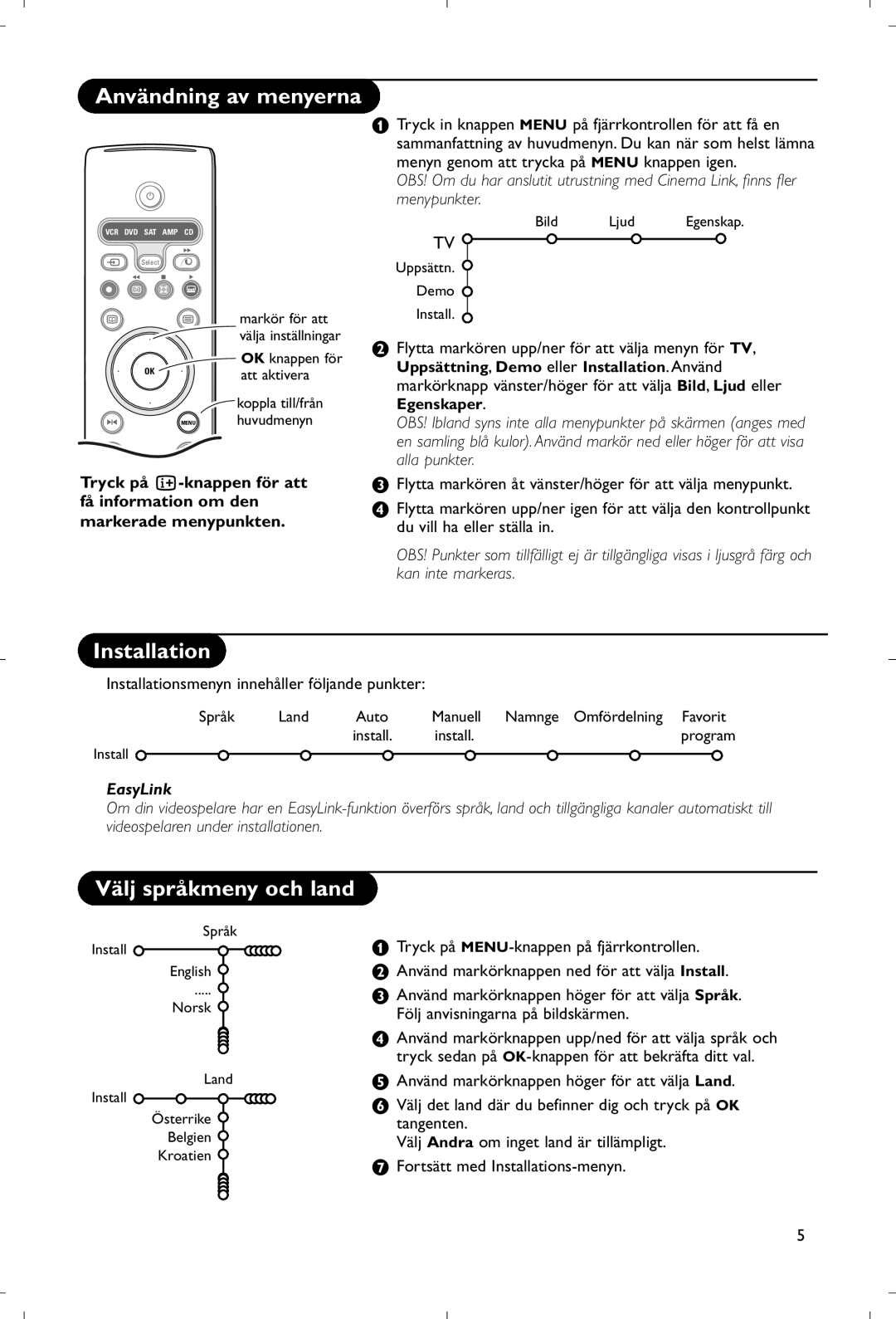 Philips 28PW9520/12 Användning av menyerna, Välj språkmeny och land, Installationsmenyn innehåller följande punkter 