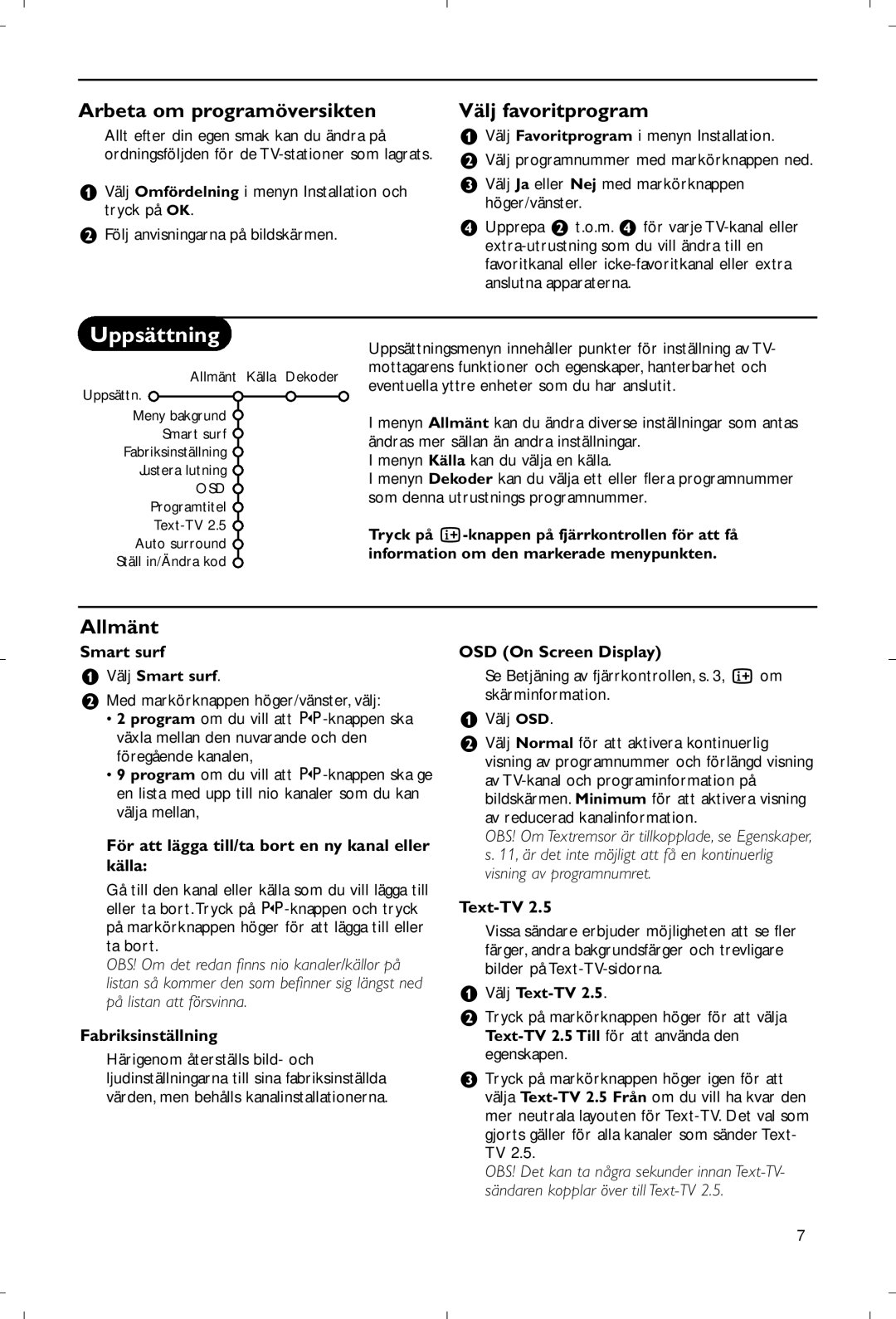 Philips 28PW9520/12 instruction manual Uppsättning, Arbeta om programöversikten, Välj favoritprogram, Allmänt 