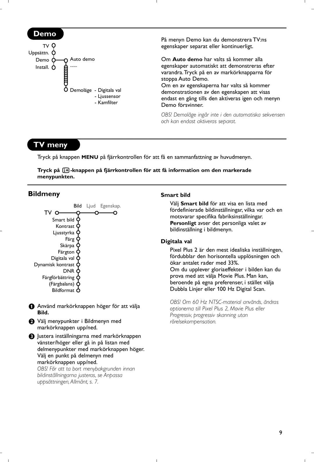 Philips 28PW9520/12 instruction manual TV meny, Bildmeny, Använd markörknappen höger för att välja, Digitala val 