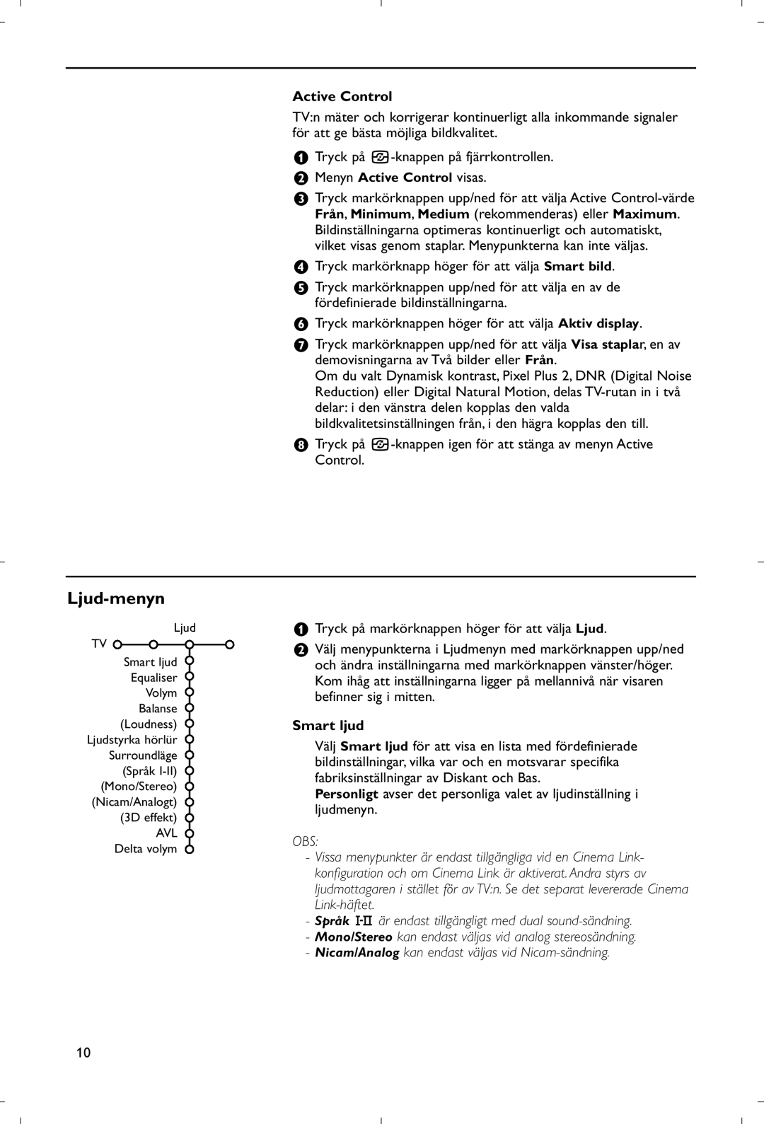 Philips 28PW9520/12 instruction manual Ljud-menyn, Smart ljud, Menyn Active Control visas 